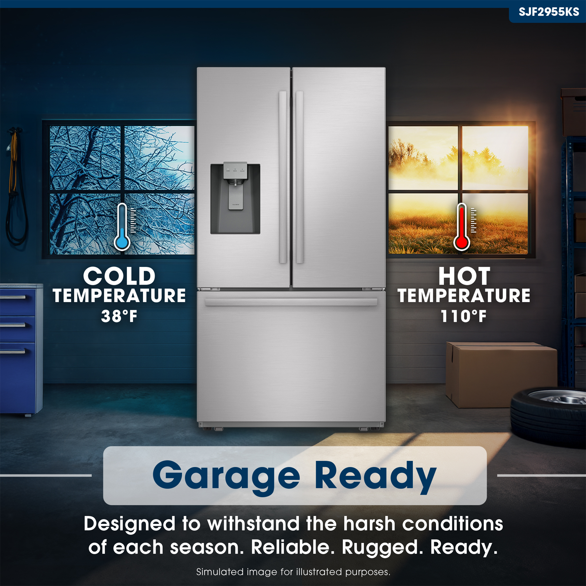 Sharp French 3-Door Refrigerator with Water Dispenser (SJF2955KS) Garage Ready Infographic