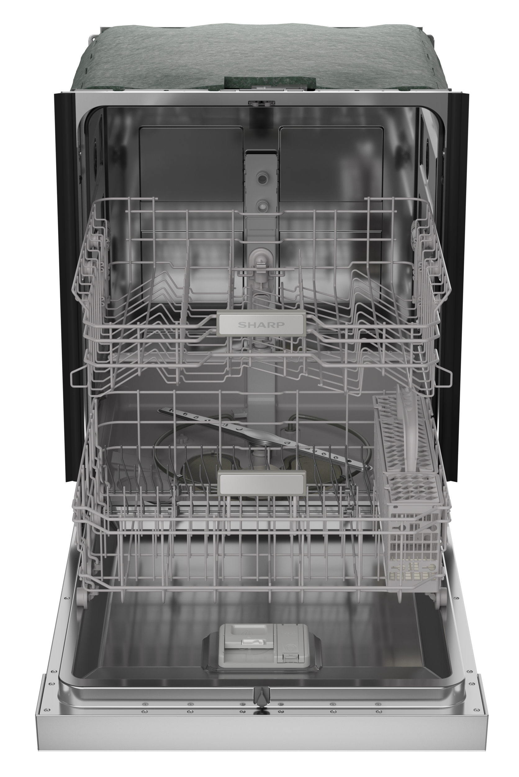 Sharp 24 in. Stainless Steel Hybrid 52dB Dishwasher (SDW6504MS) head on open empty