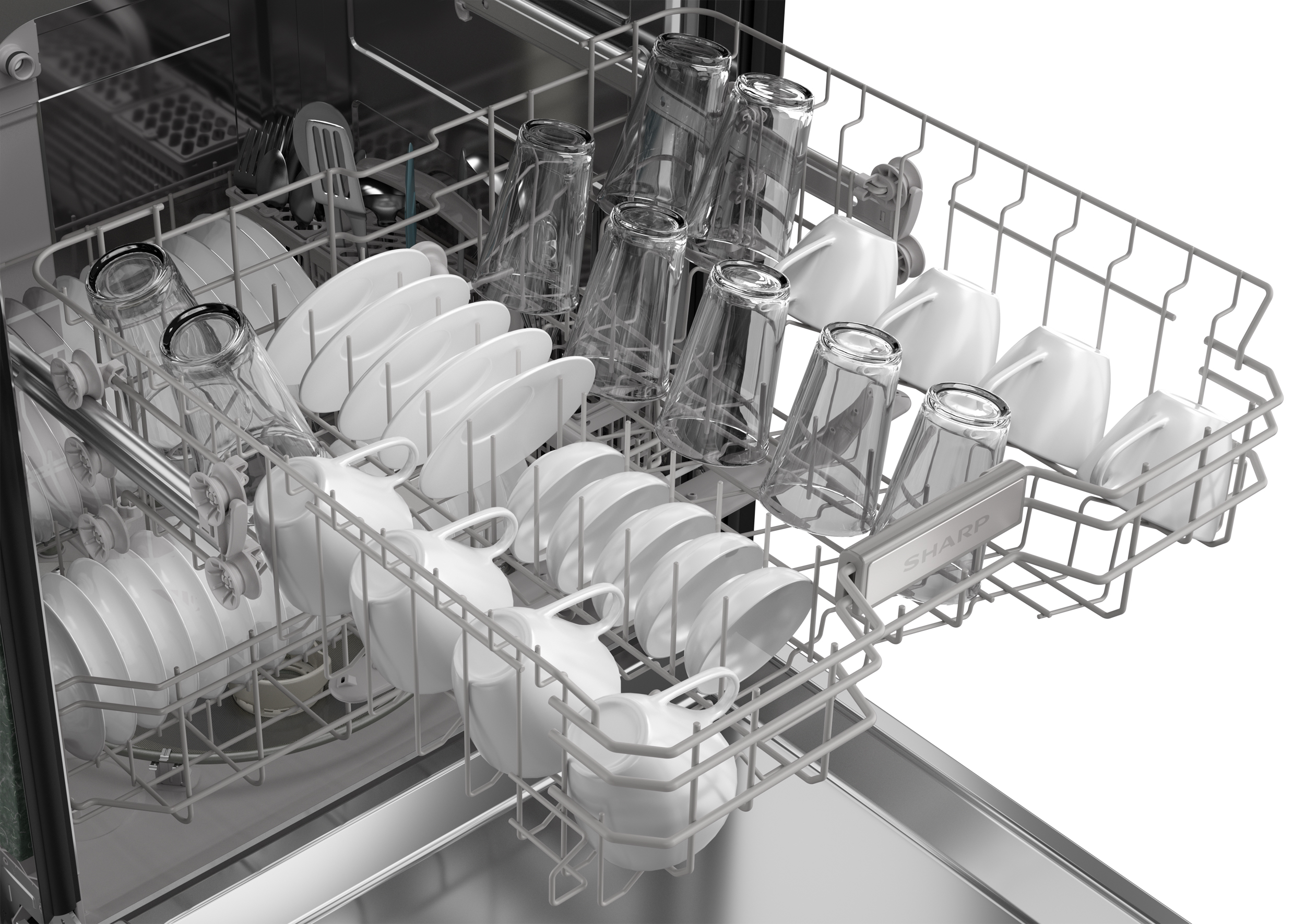 Sharp 24 in. Stainless Steel Hybrid 52dB Dishwasher (SDW6504MS) dishes loaded