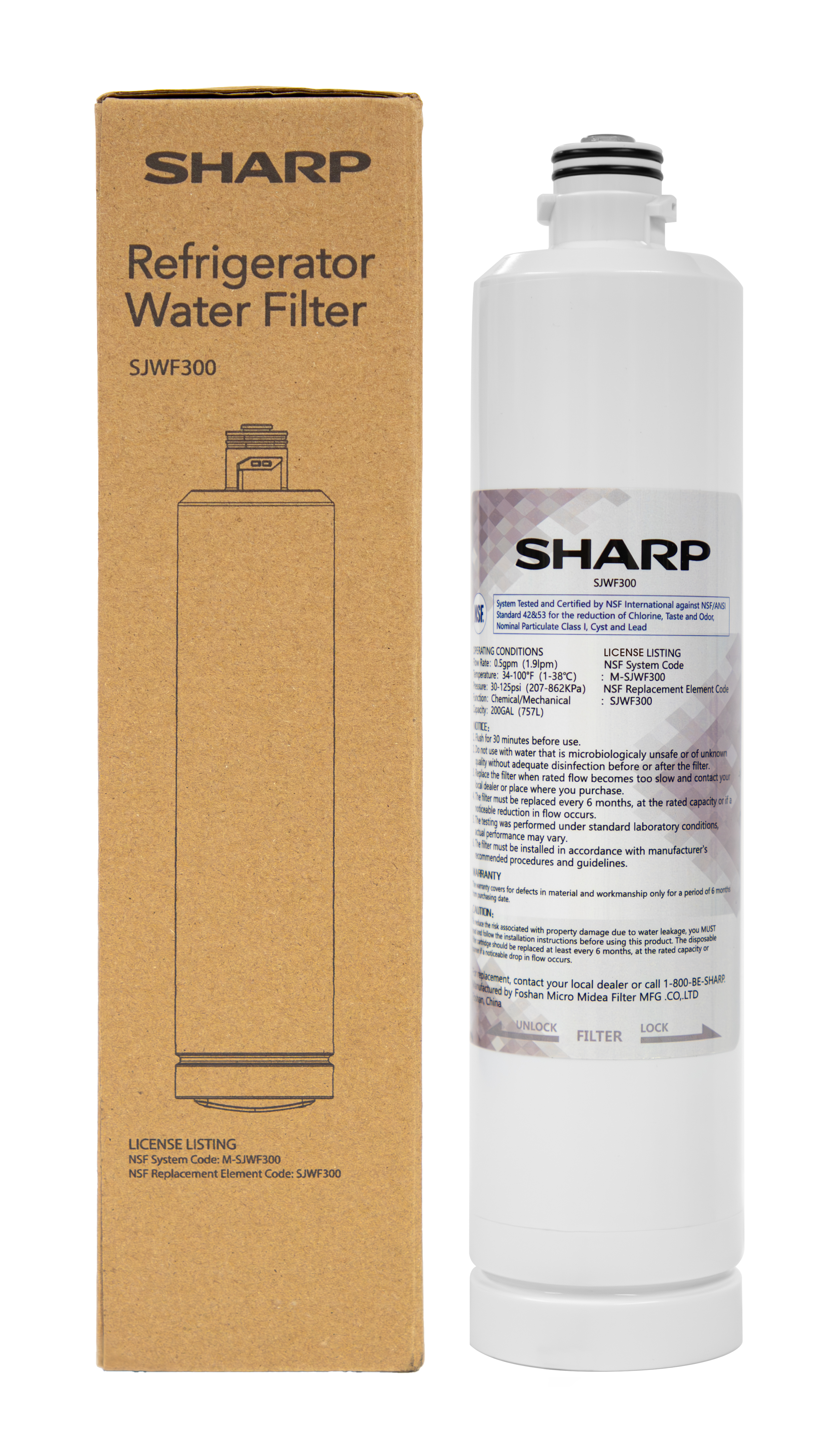 Replacement Water Filter for Sharp SJF2955MS and SJF2955KS Refrigerator (SJWF300) Water Filter Head On with Packaging