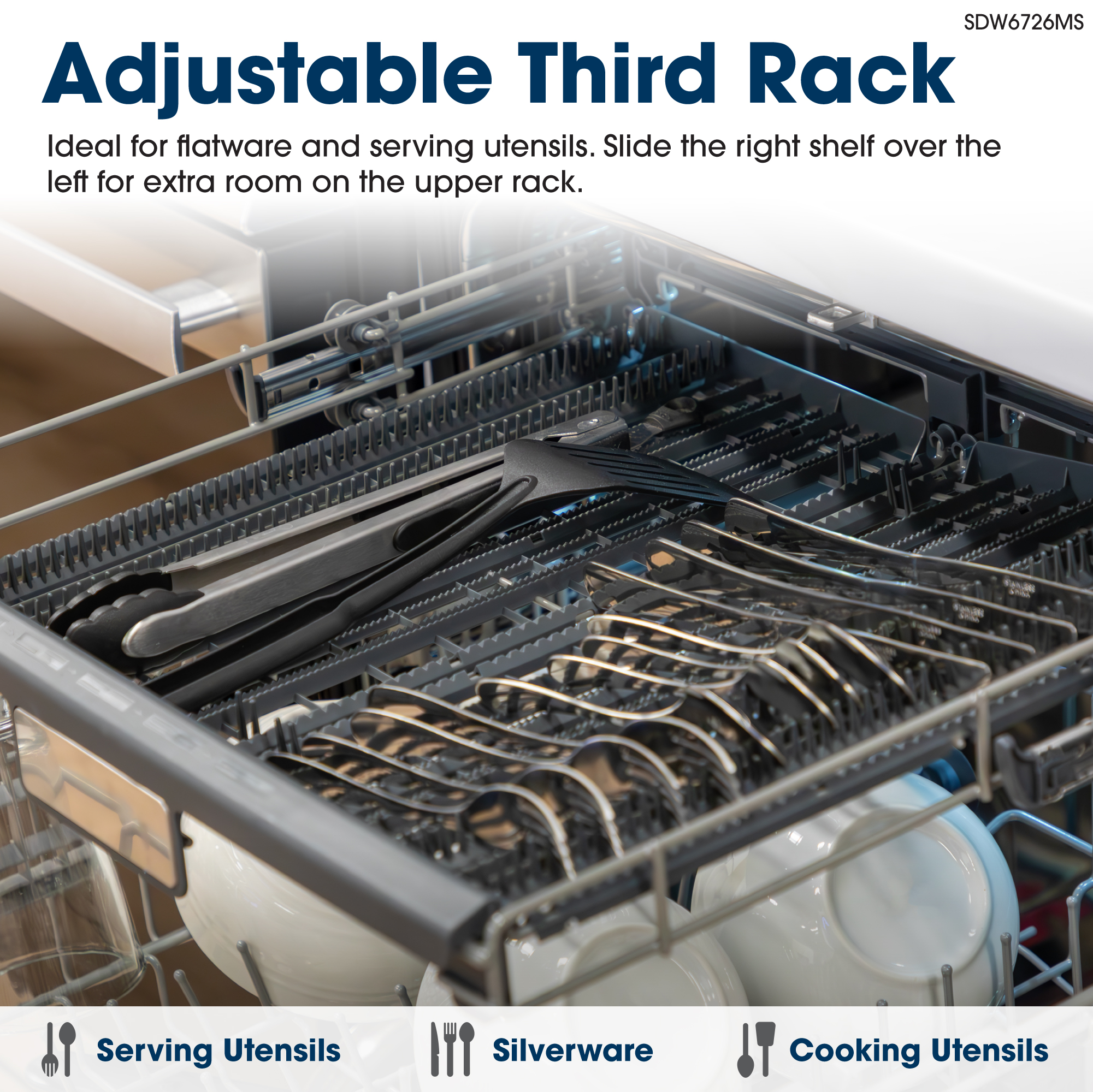 Sharp 24 in. Stainless Steel 47dB Dishwasher (SDW6726MS) adjustable third rack infographic