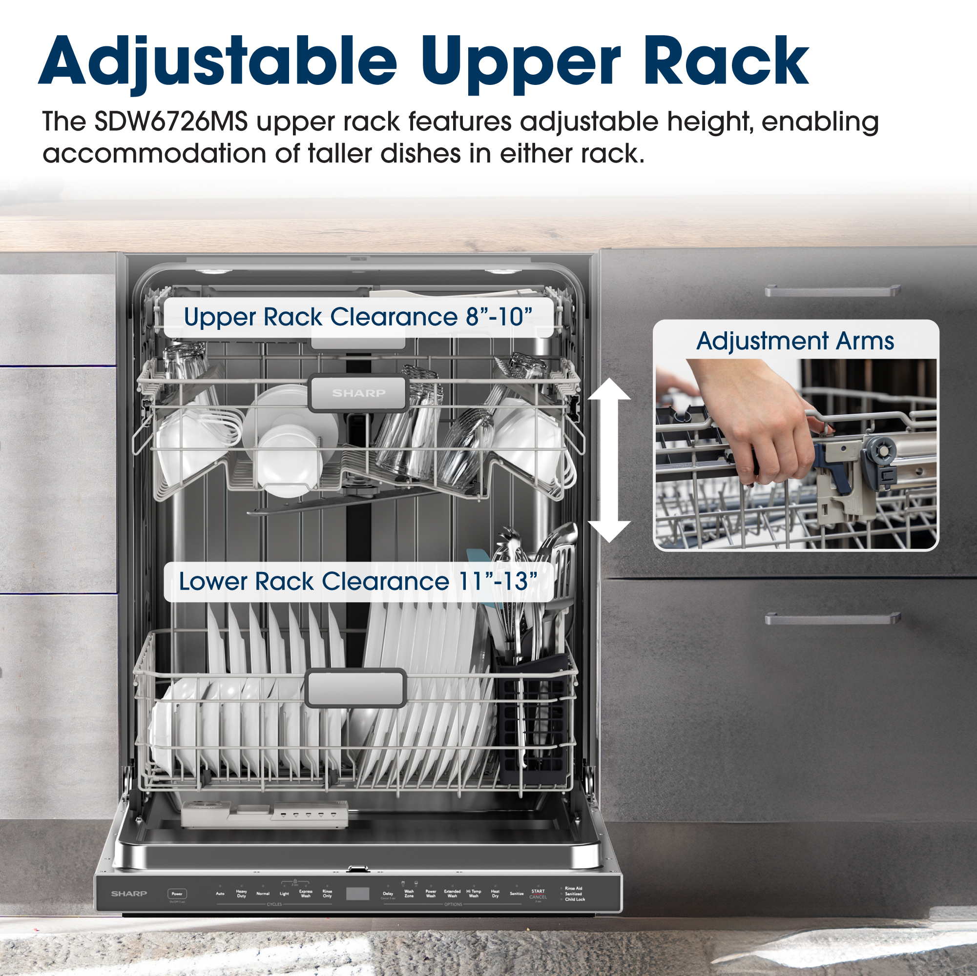 Sharp 24 in. Stainless Steel 47dB Dishwasher (SDW6726MS) adjustable upper rack infographic