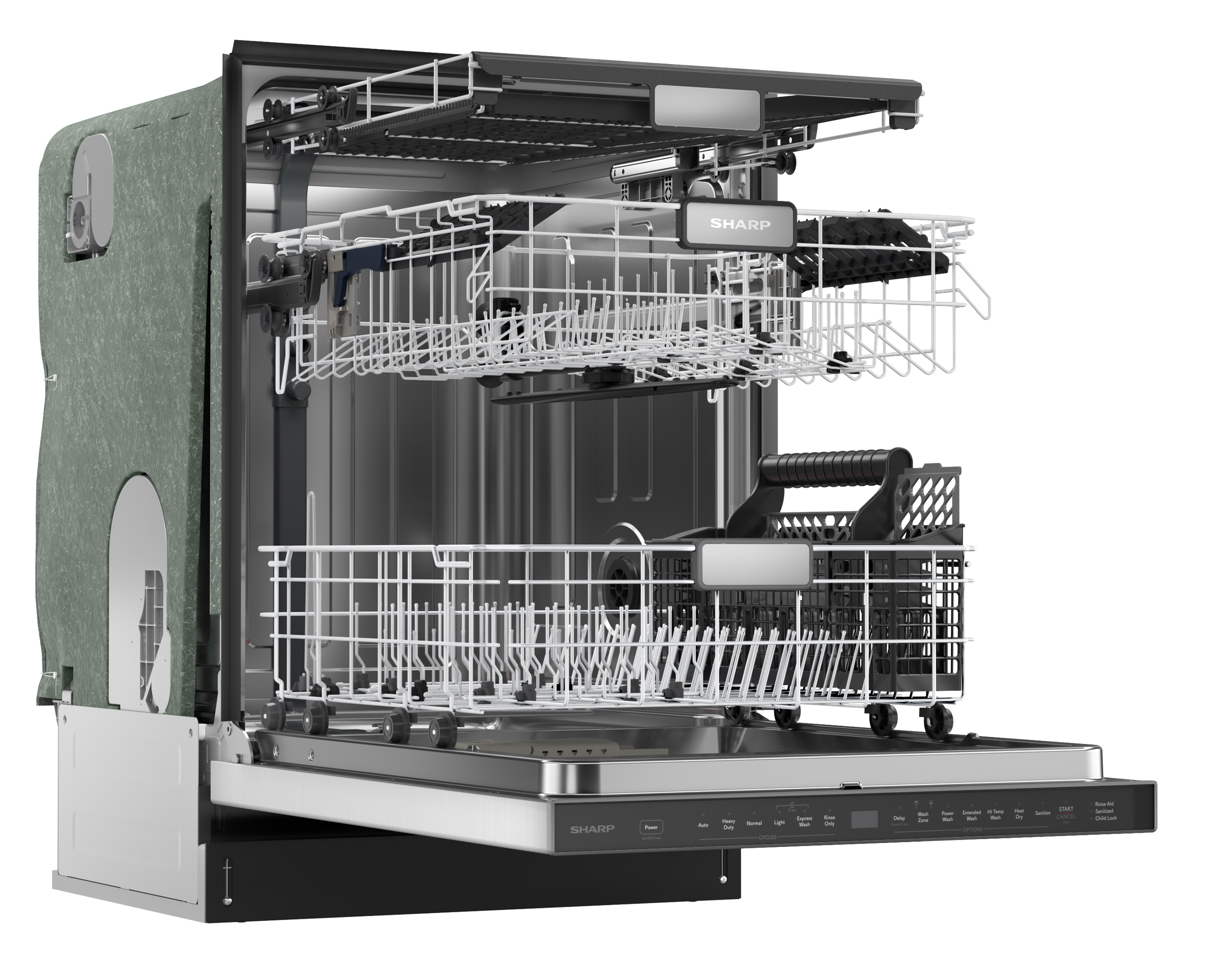 Sharp 24 in. Stainless Steel 47dB Dishwasher (SDW6726MS) 3 quarter left open racks