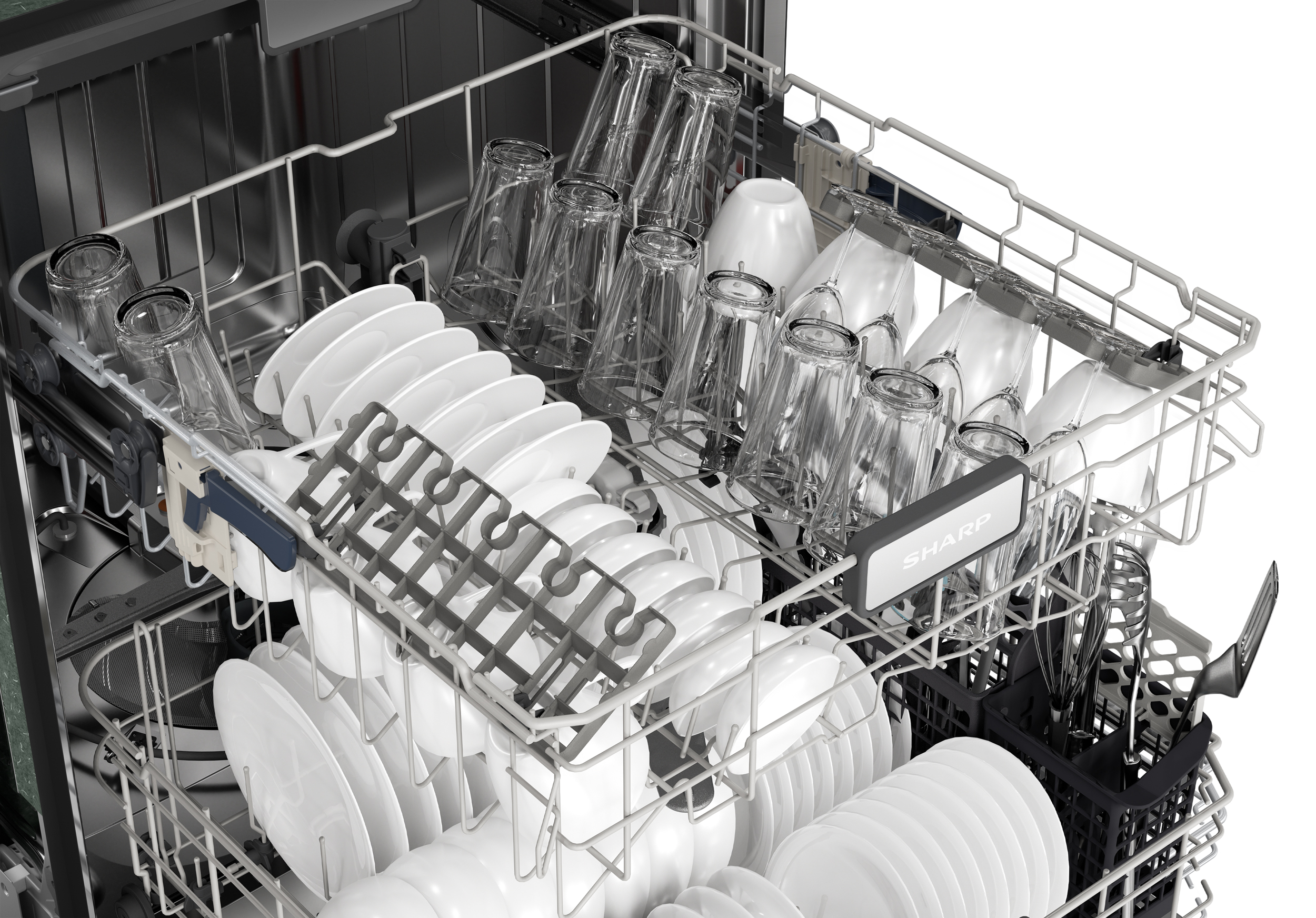 Sharp 24 in. Stainless Steel 47dB Dishwasher (SDW6726MS)upper rack with dishes