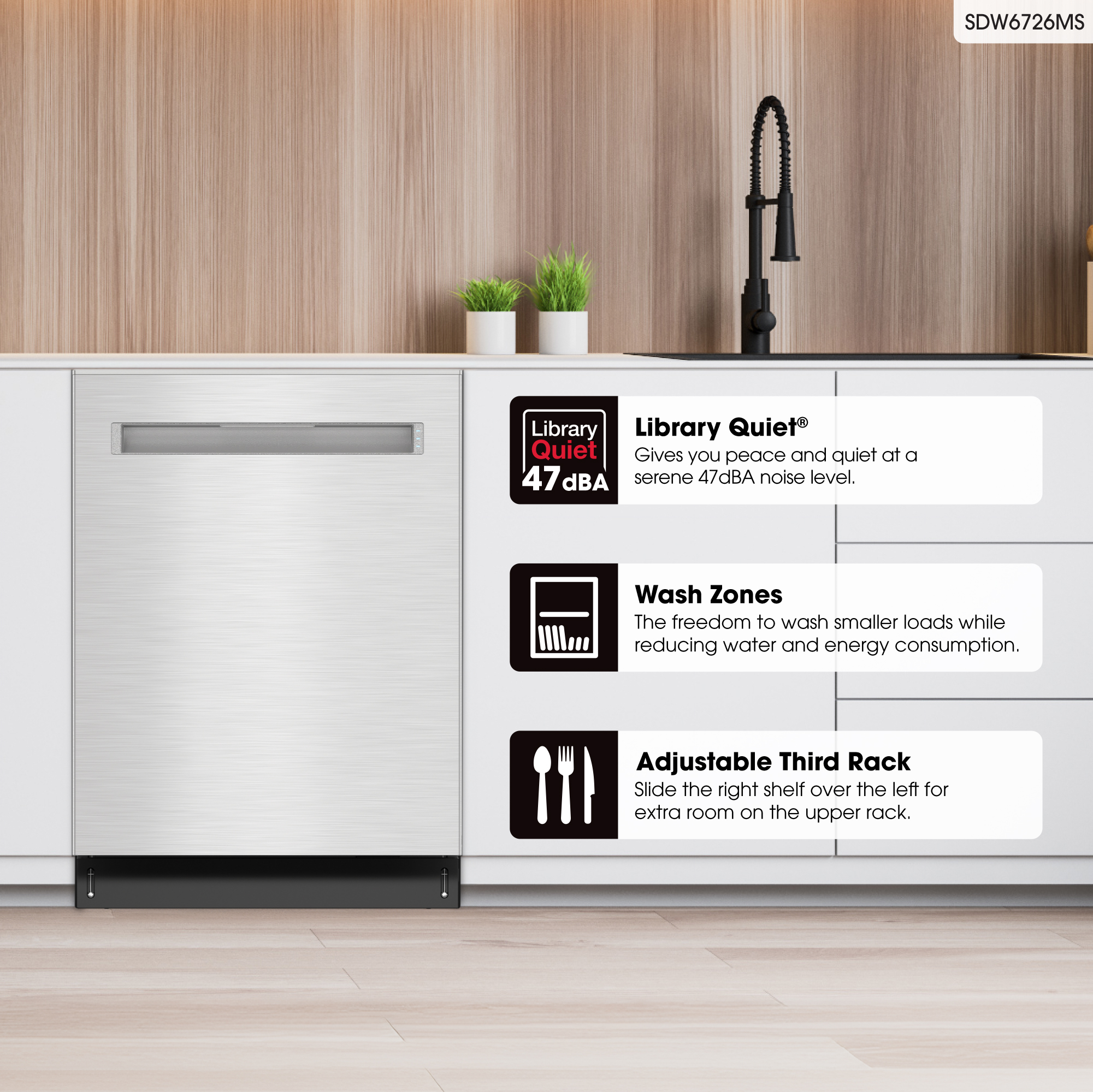 Sharp 24 in. Stainless Steel 47dB Dishwasher (SDW6726MS) infographic