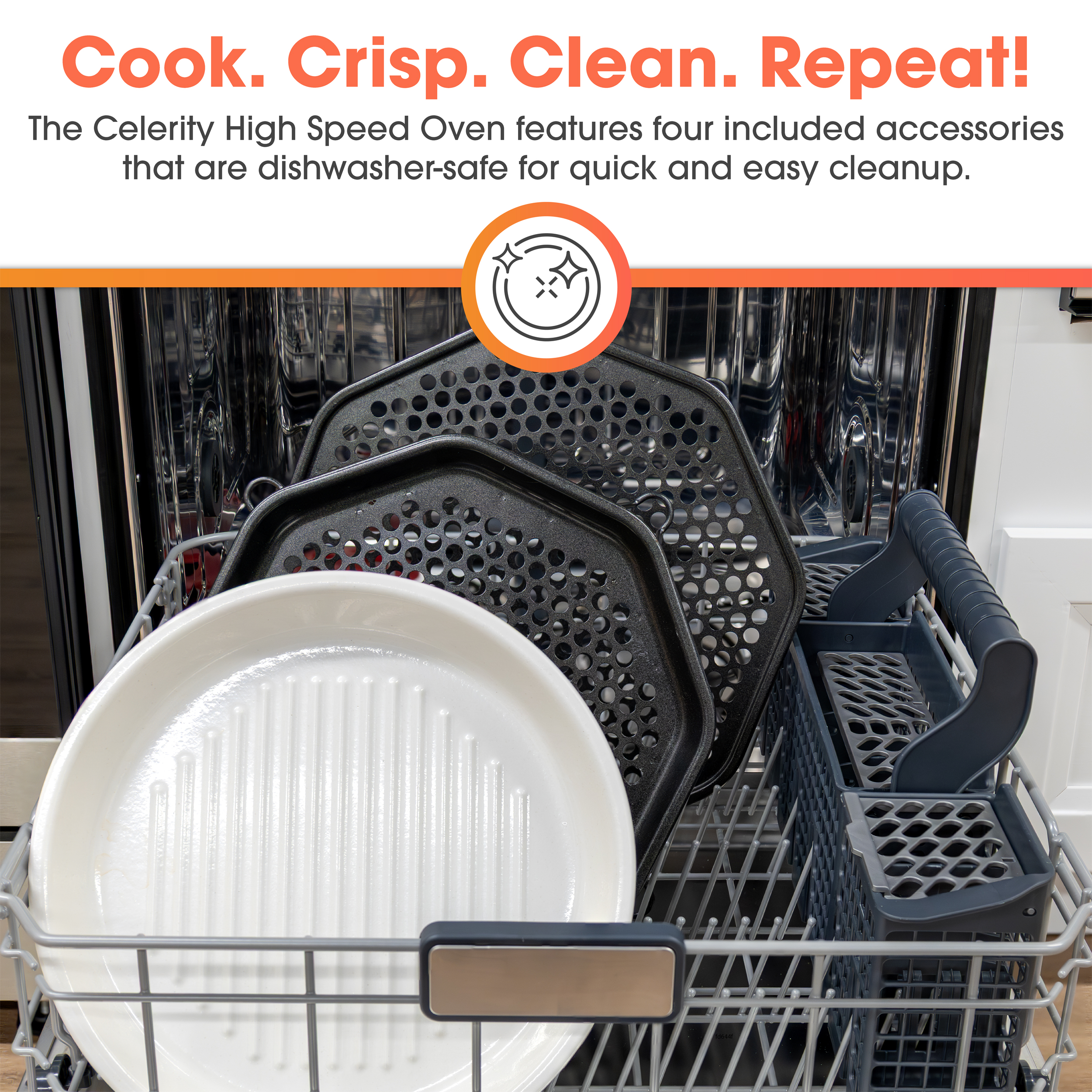 Sharp Celerity™ High-Speed Oven (SWA3099MS) Cook, crisp, clean, repeat infographic