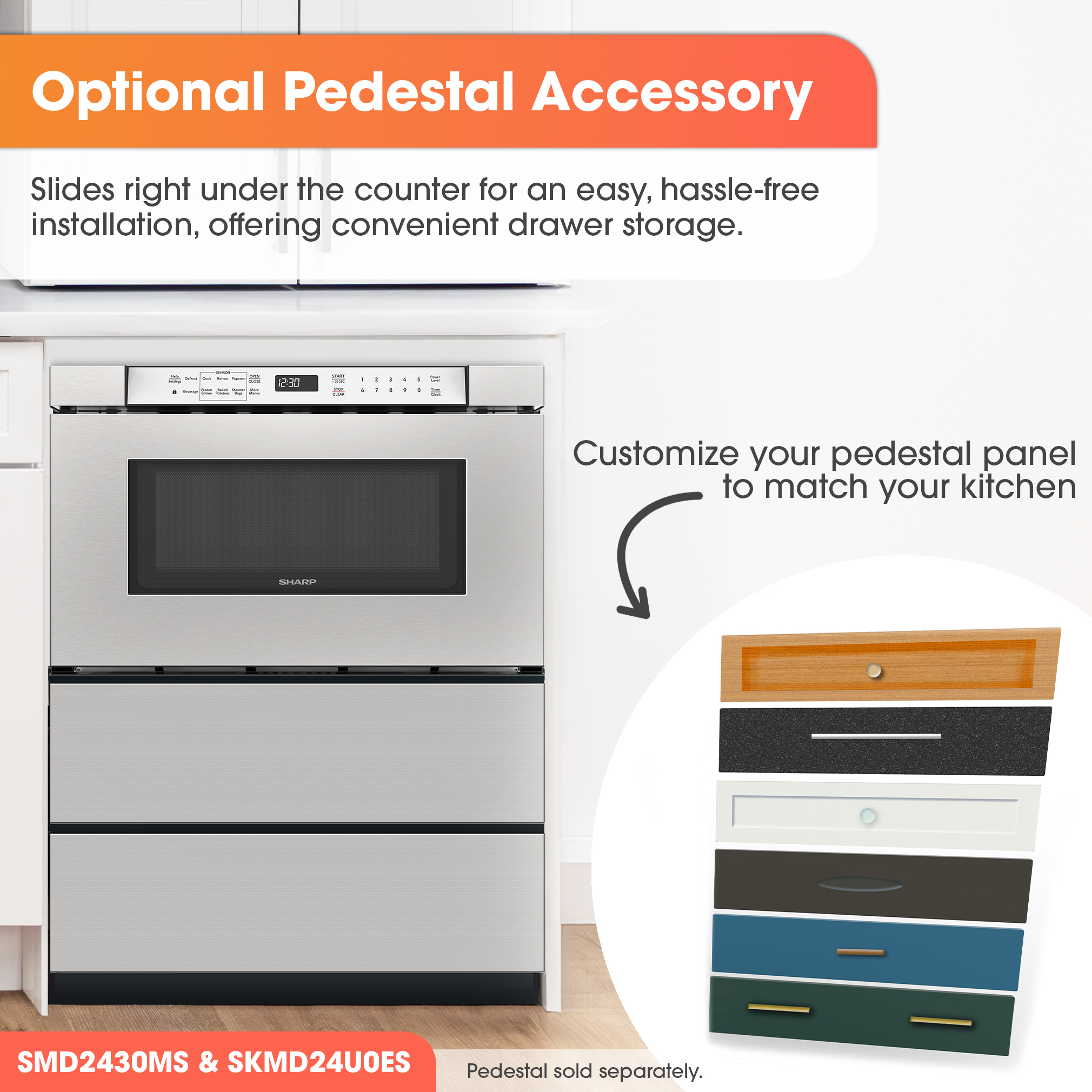 24 in. Built-In Stainless Steel Microwave Drawer Oven (SMD2430MS) Pedestal infographic