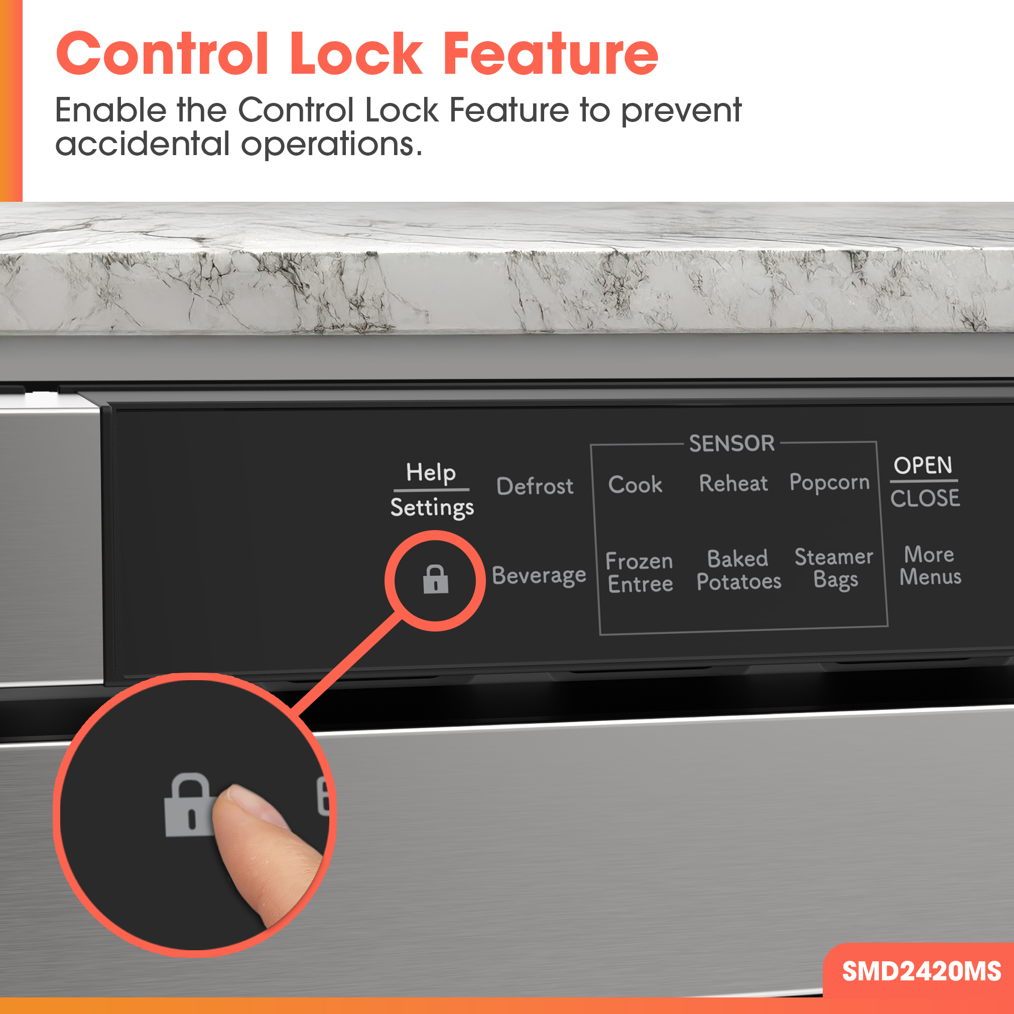 24 in. Built-In Stainless Steel Microwave Drawer Oven (SMD2420MS) Child lock feature infographic