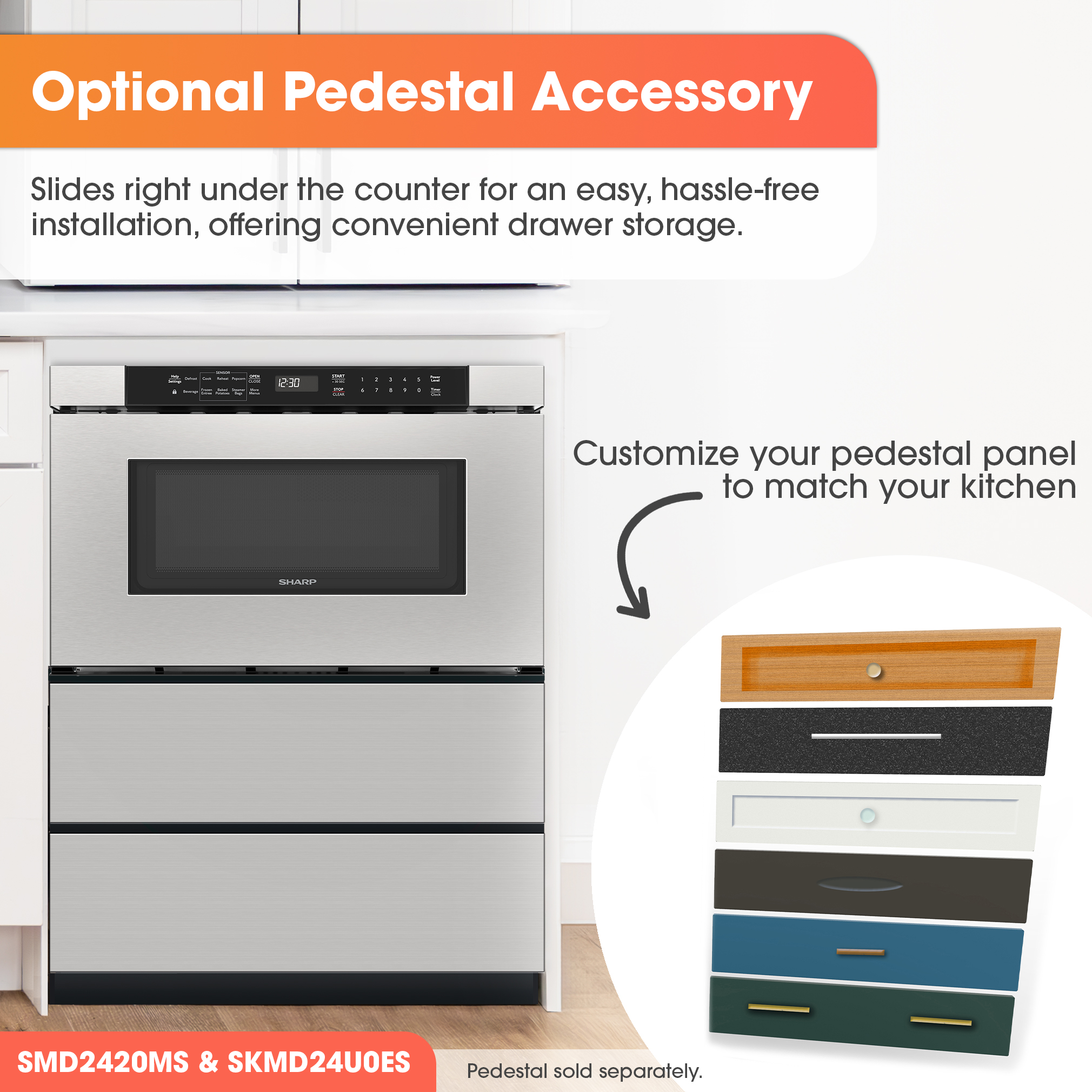 24 in. Built-In Stainless Steel Microwave Drawer Oven (SMD2420MS) Pedestal infographic