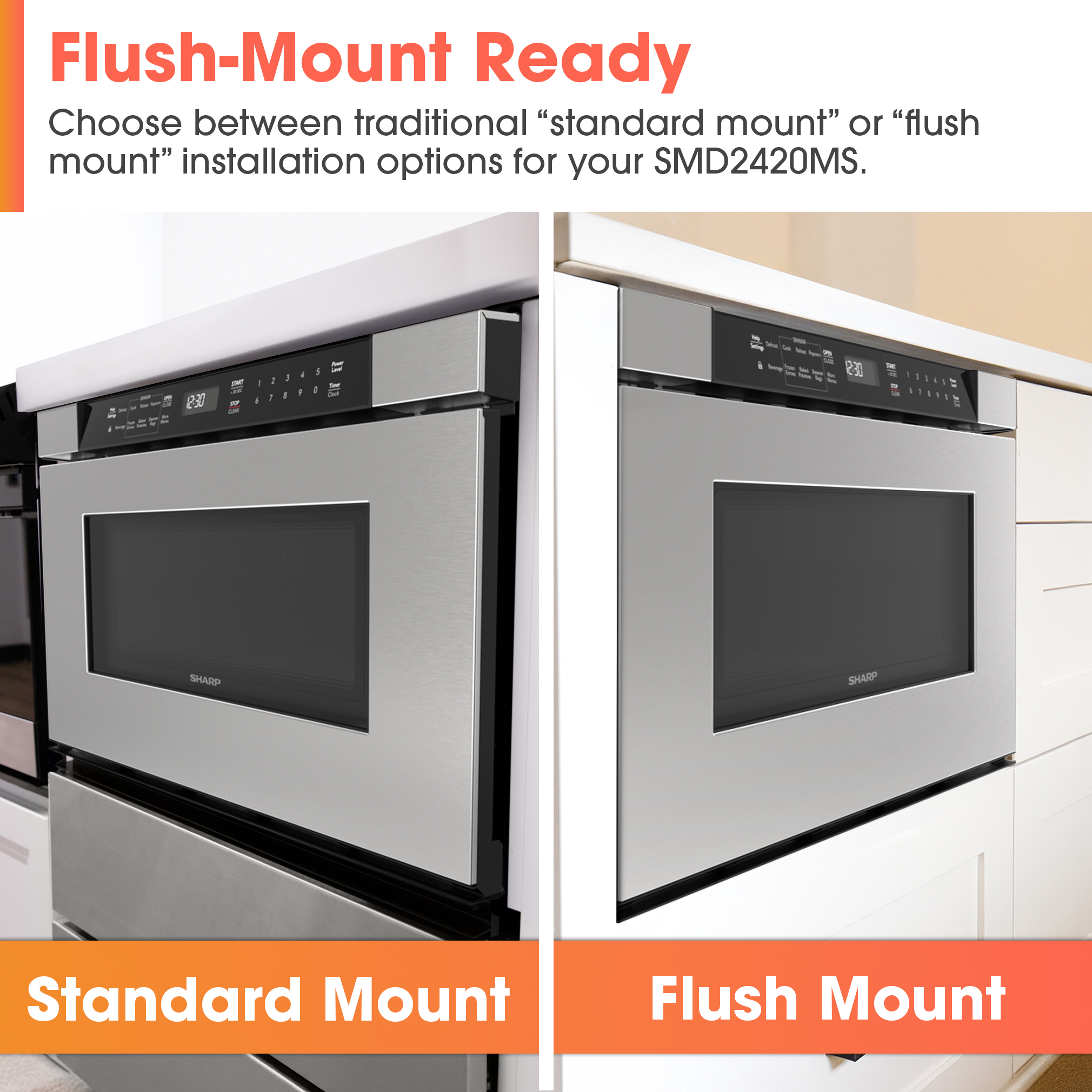 24 in. Built-In Stainless Steel Microwave Drawer Oven (SMD2420MS) flush and standard mount infographic