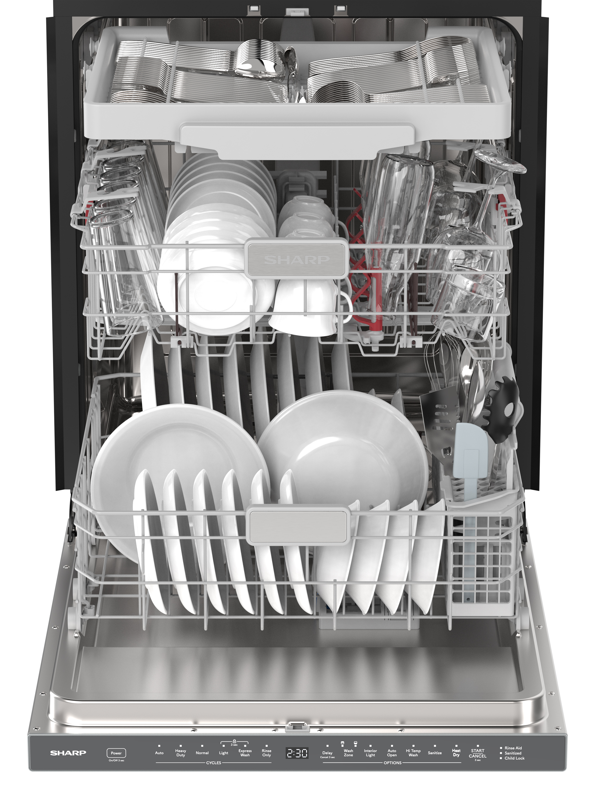 Sharp 24 in. Stainless Steel Dishwasher (SDW6768SMS) Head On Opened Filled