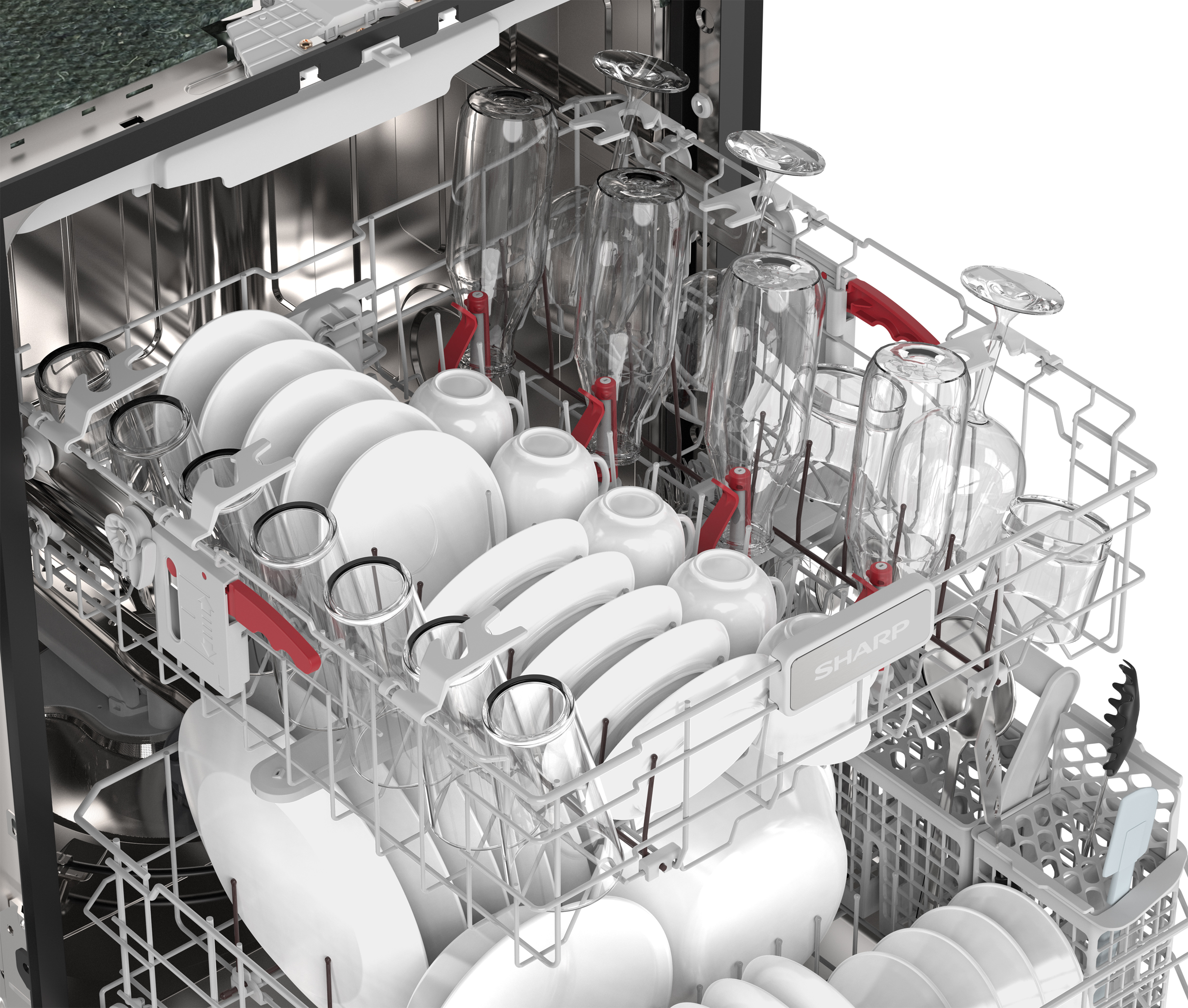 Sharp 24 in. Stainless Steel Dishwasher (SDY6768SMS) Upper Rack with Dishes