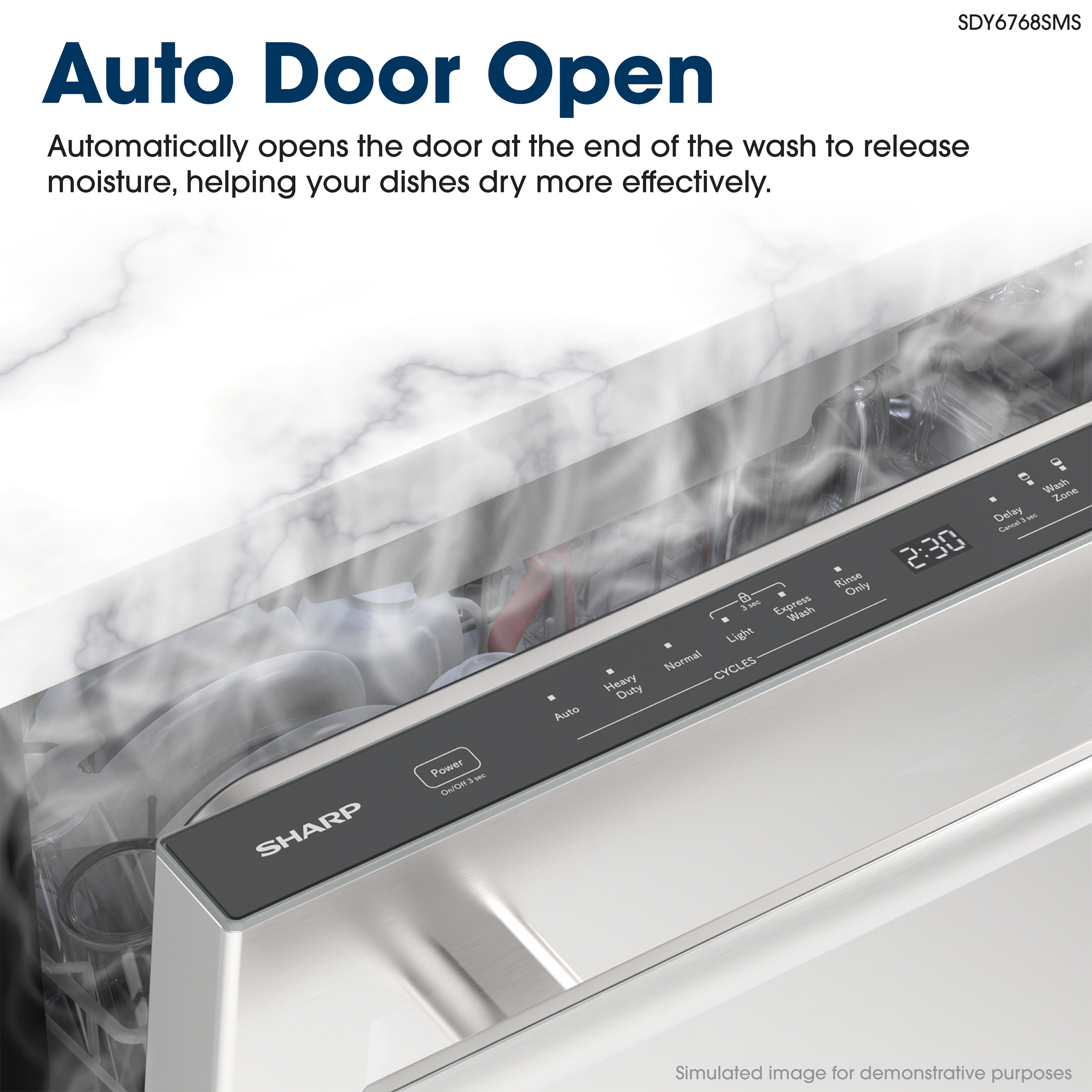 Sharp 24 in. Stainless Steel Dishwasher (SDY6768SMS) Auto Door Open Infographic