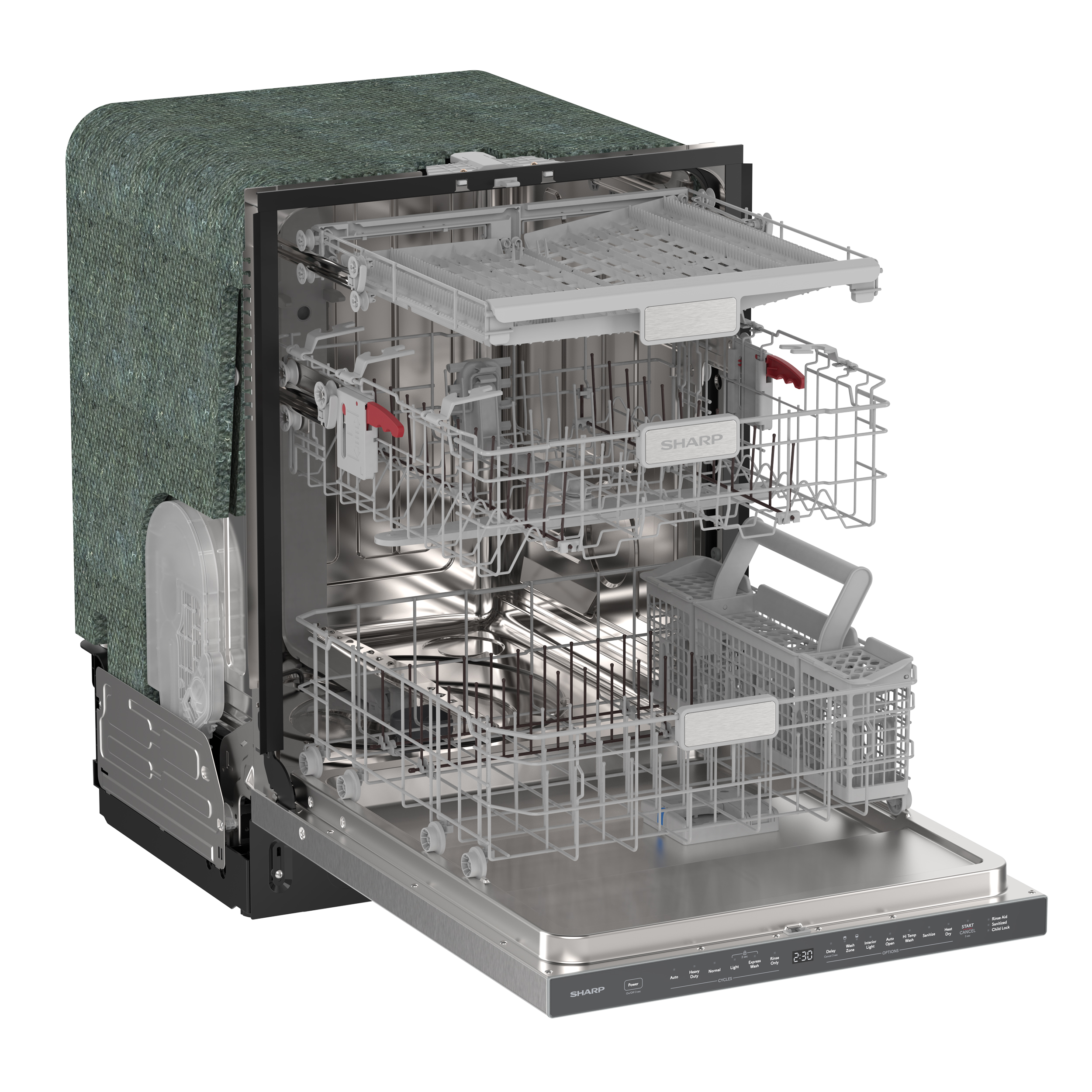 Sharp 24 in. Stainless Steel Dishwasher (SDW6748SNS) 3-Quarter-Right Opened