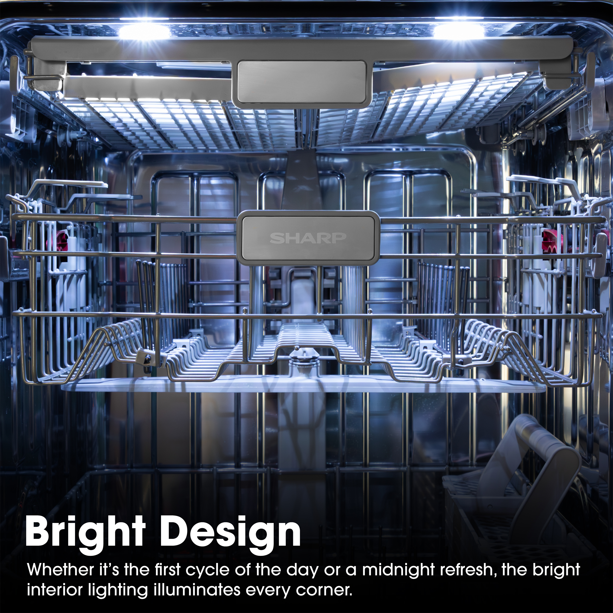 Sharp 24 in. Stainless Steel Dishwasher (SDW6748SNS) Bright LED Interior Infographic