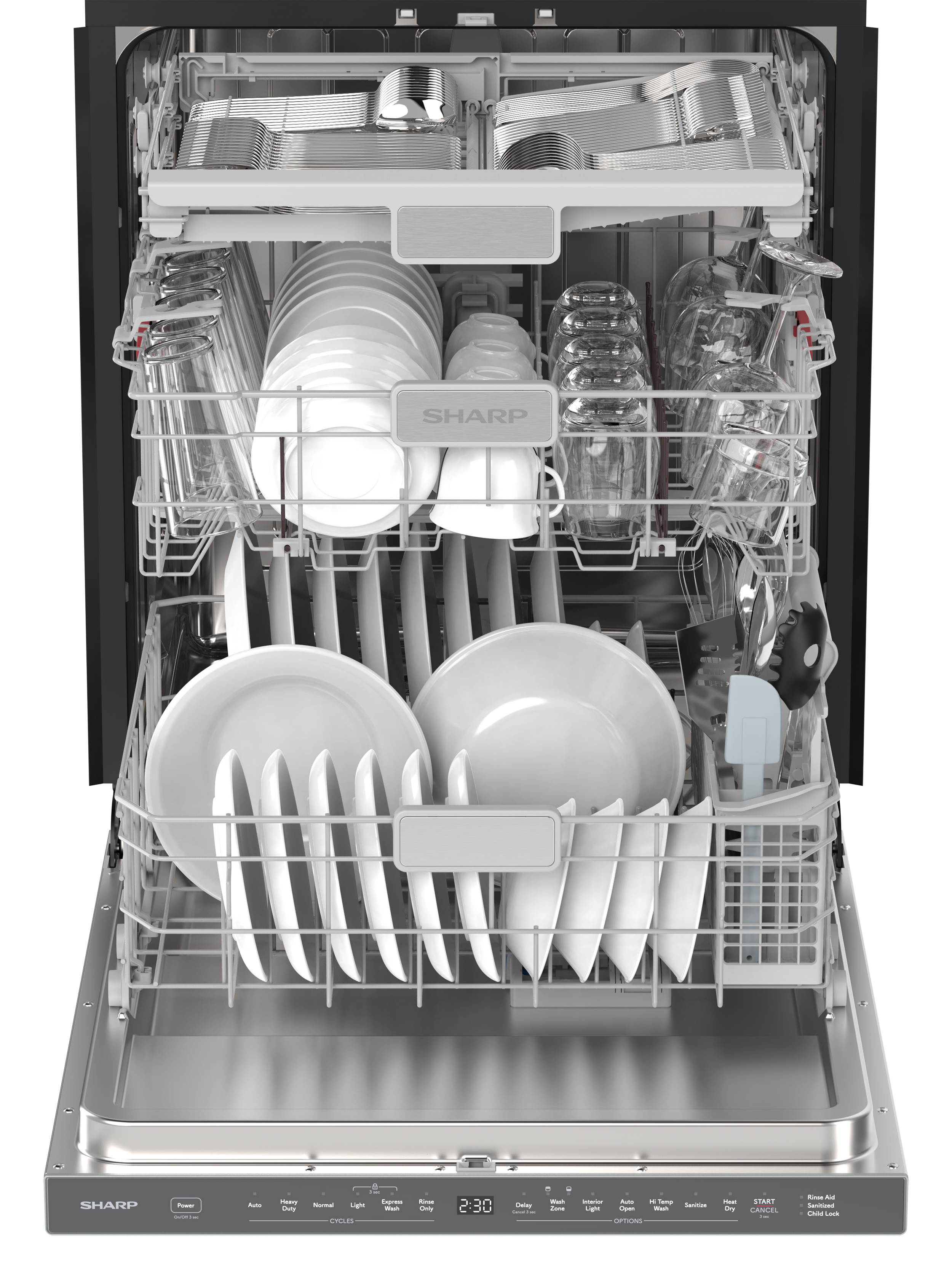 Sharp 24 in. Stainless Steel Dishwasher (SDW6748SNS) Head On Opened Filled