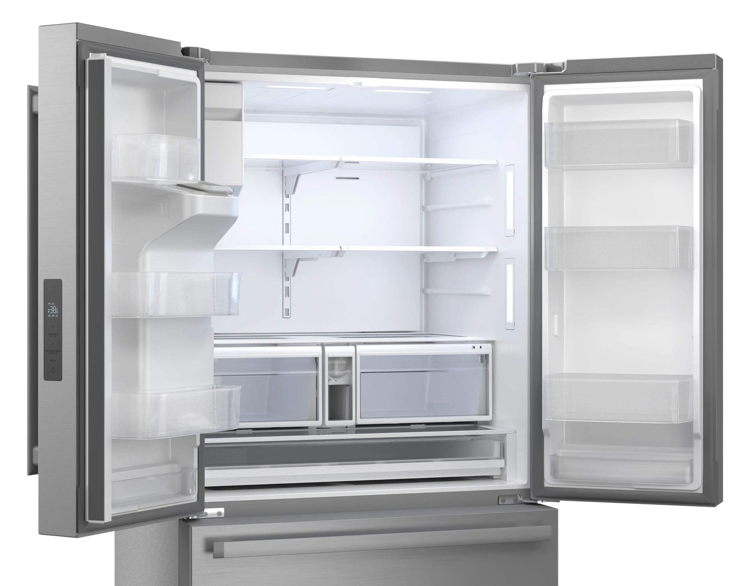 28.9 cu.ft. French 3-Door 36 in. Width Standard Depth Refrigerator with Water Dispenser in Stainless Steel (SJF2955MS) 3QR Open