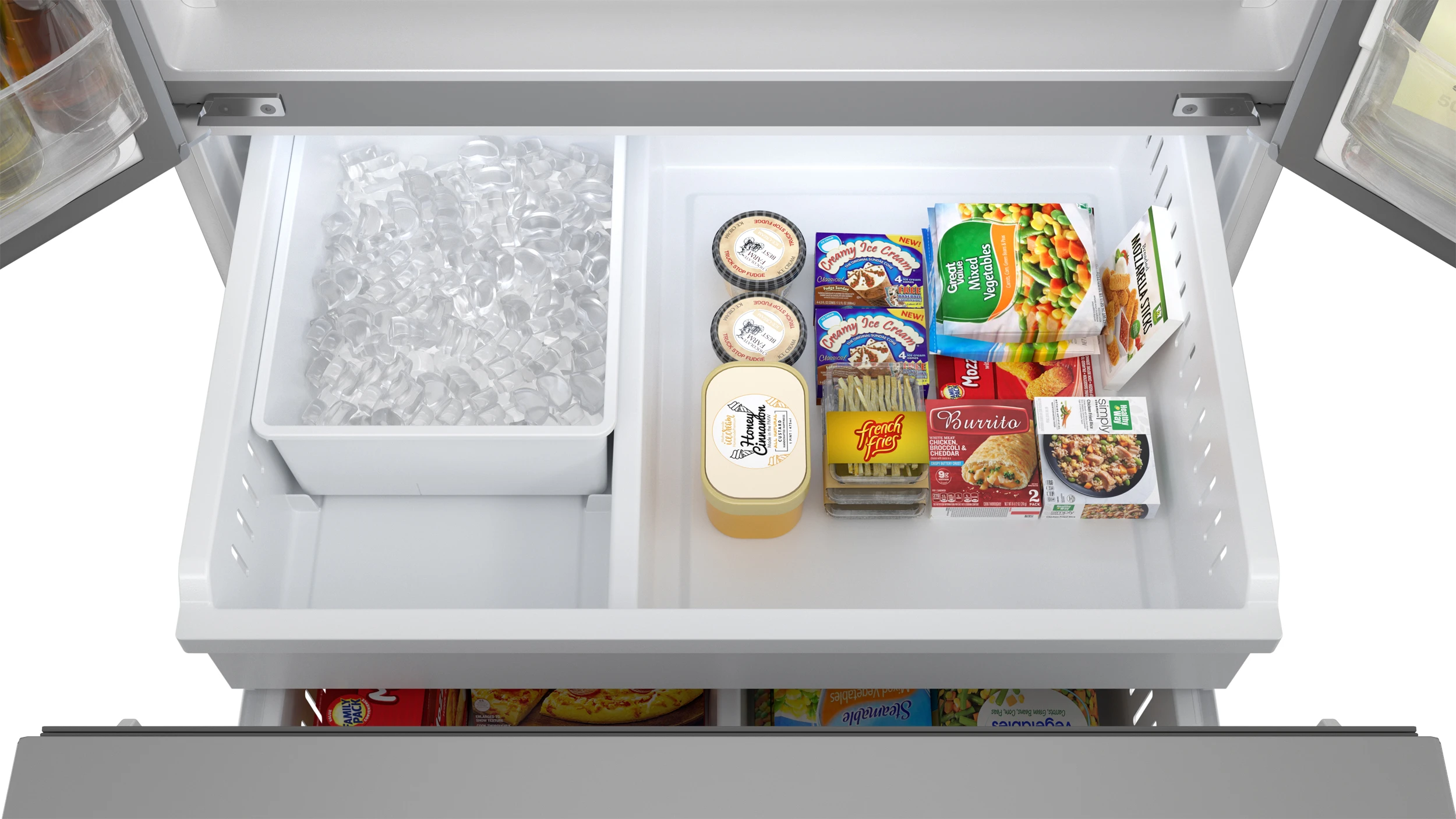 28.9 cu.ft. French 3-Door 36 in. Width Standard Depth Refrigerator with Water Dispenser in Stainless Steel (SJF2955MS) Freezer Top Shelf