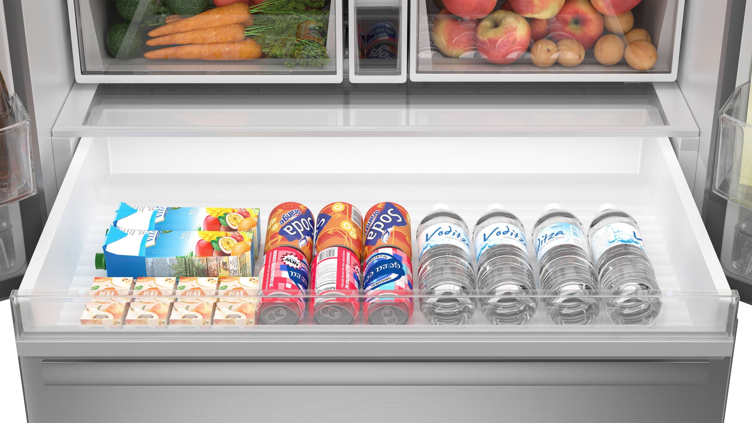 28.9 cu.ft. French 3-Door 36 in. Width Standard Depth Refrigerator with Water Dispenser in Stainless Steel (SJF2955MS) Full Width Pantry Drawer