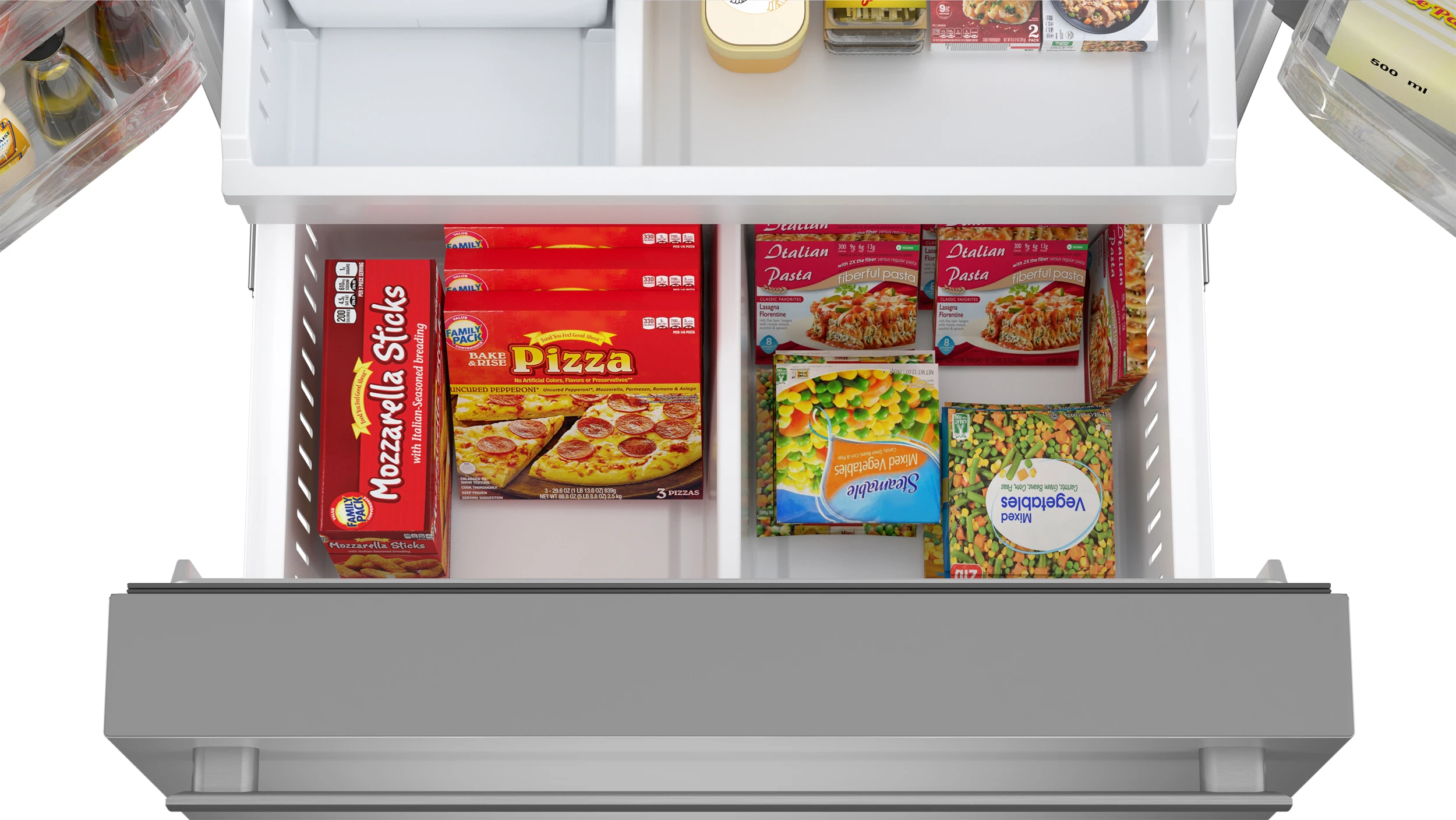 28.9 cu.ft. French 3-Door 36 in. Width Standard Depth Refrigerator with Water Dispenser in Stainless Steel (SJF2955MS) Freezer Bottom Drawer Filled With Food