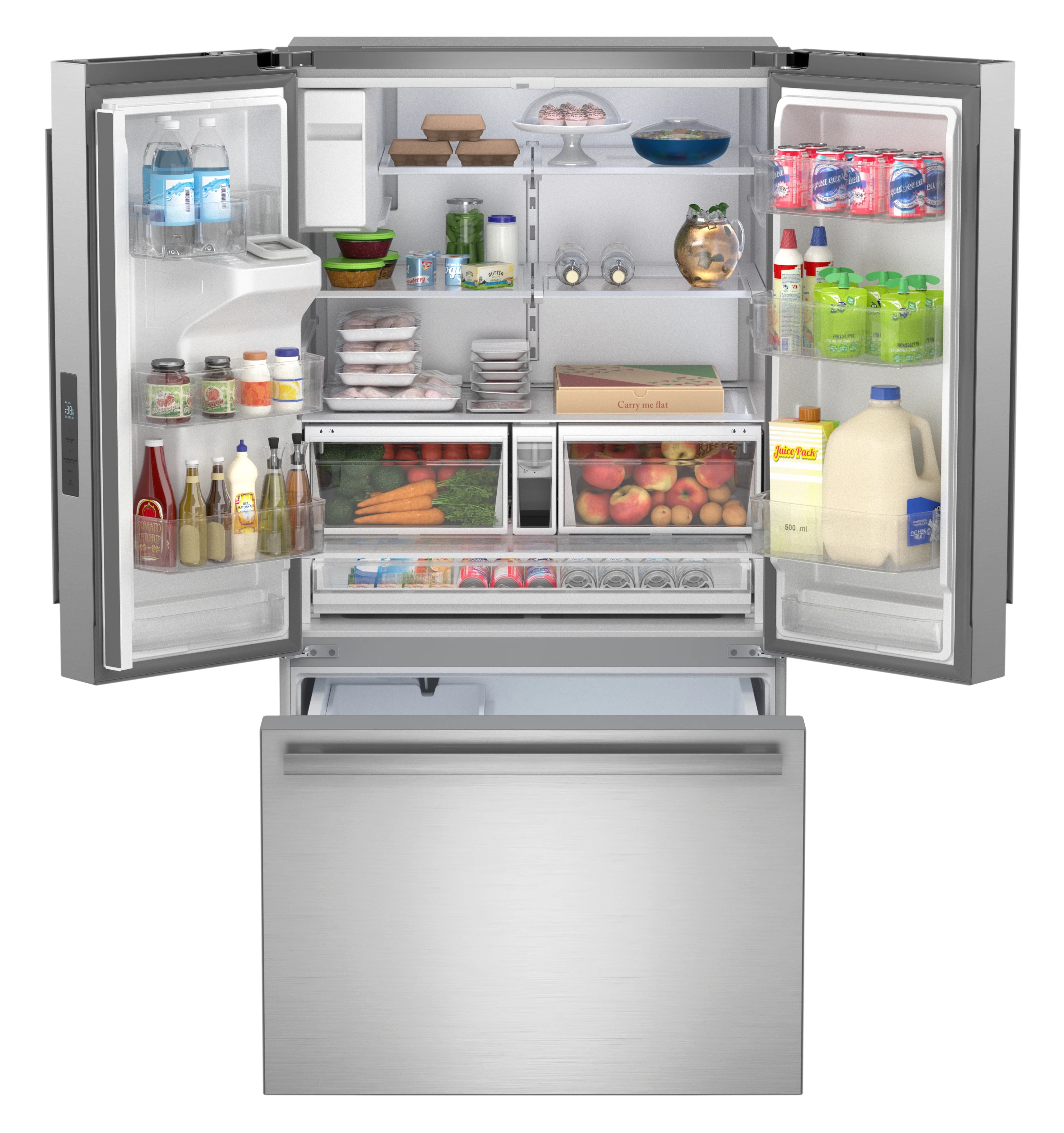 28.9 cu.ft. French 3-Door 36 in. Width Standard Depth Refrigerator with Water Dispenser in Stainless Steel (SJF2955MS) Head On Open With Food Full