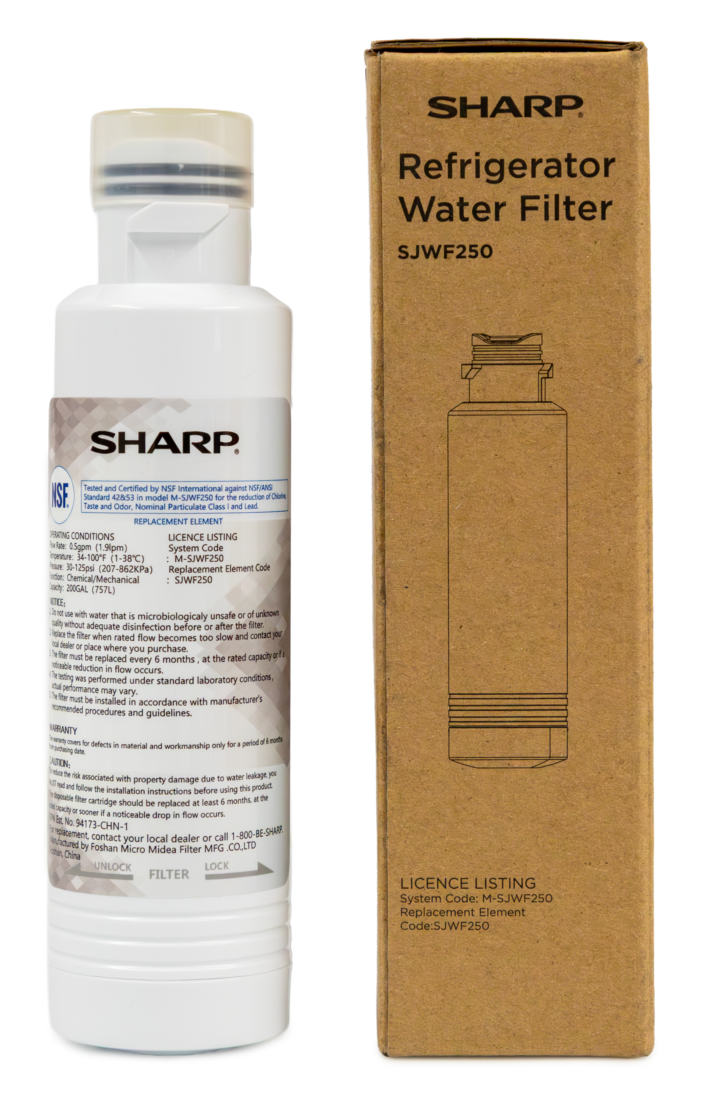 Replacement Water Filter for Sharp SJG2254FS Refrigerator (SJWF250) Filter and Box