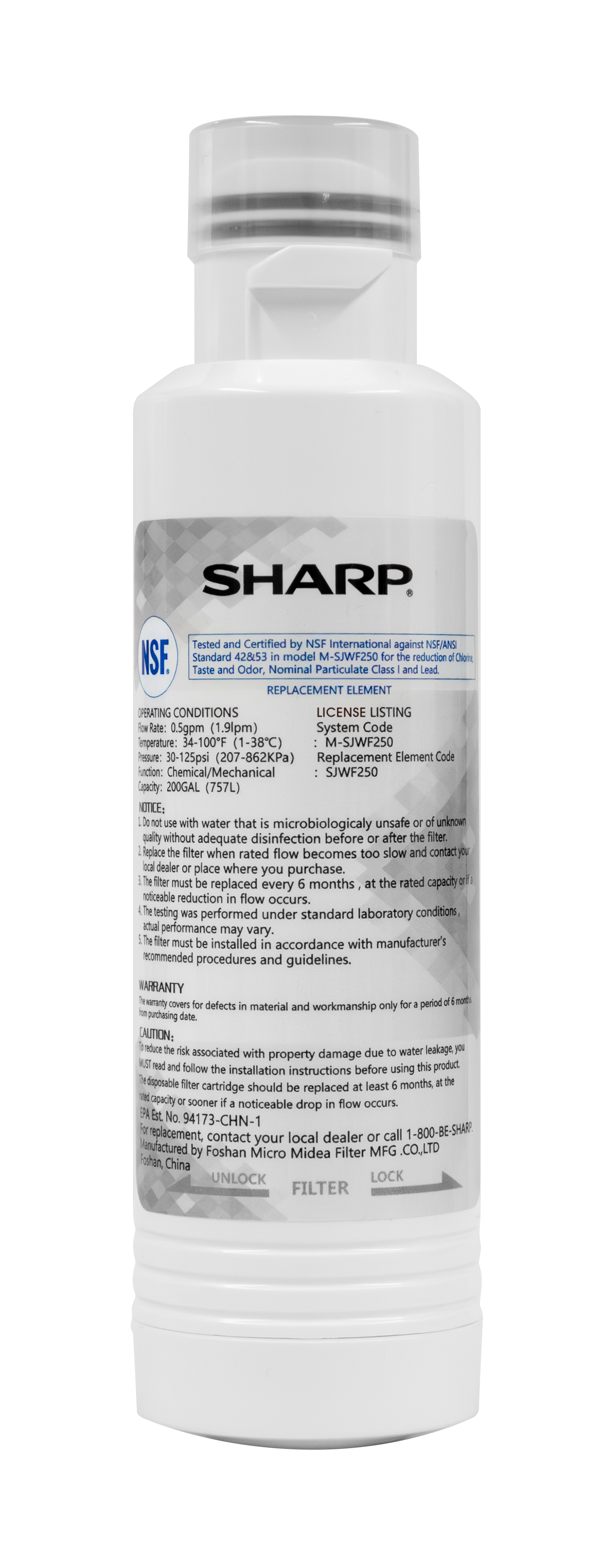 Replacement Water Filter for Sharp SJG2254FS Refrigerator (SJWF250) Water Filter Head On
