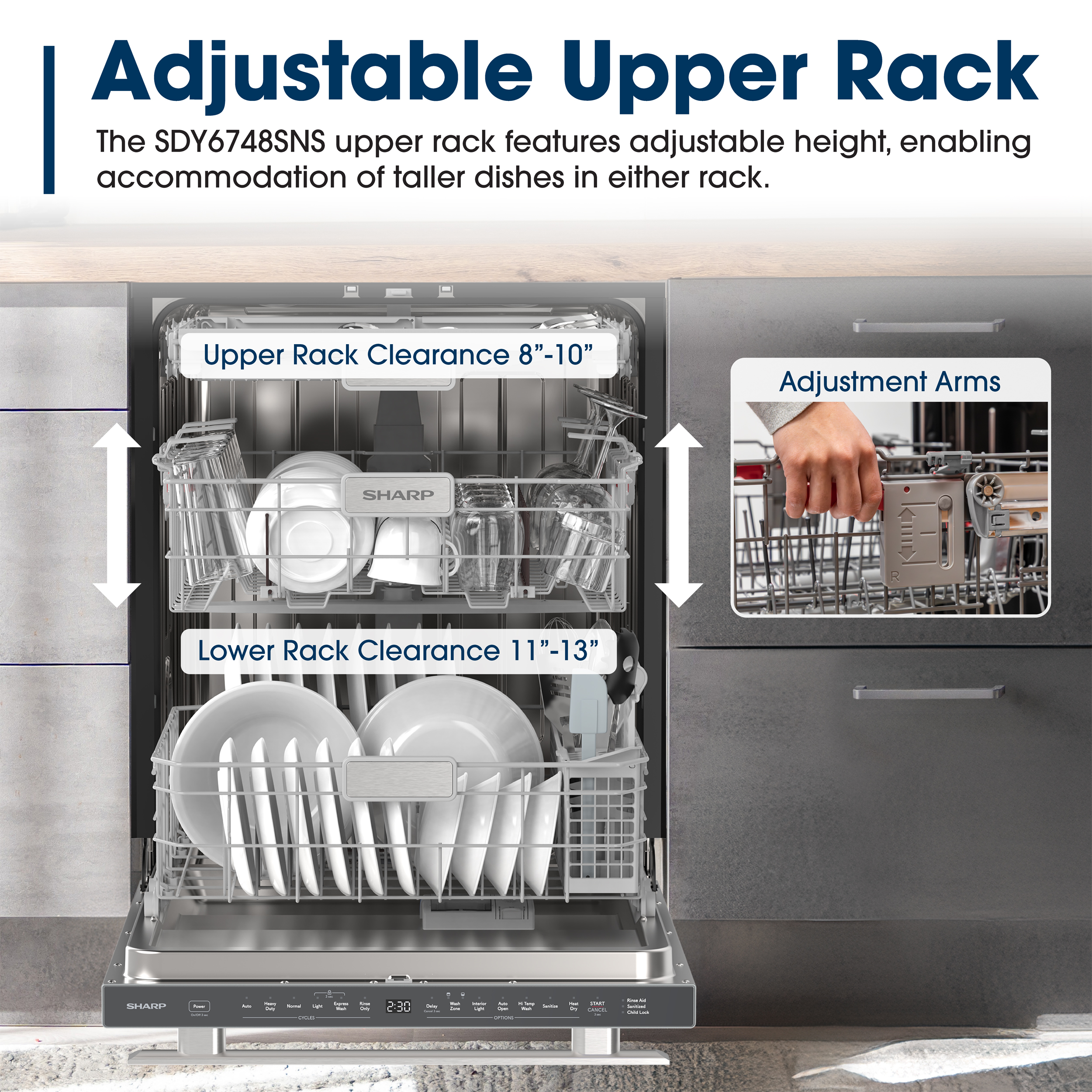 Sharp 24 in. Stainless Steel Dishwasher (SDY6748SNS) Adjustable Upper Rack Infographic