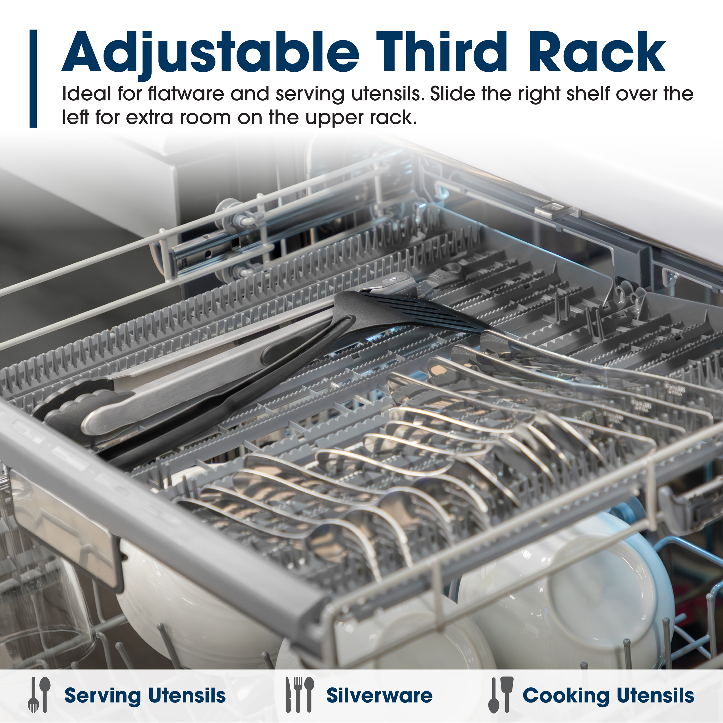 Sharp 24 in. Stainless Steel Dishwasher (SDY6748SNS) Adjustable Third Rack Infographic