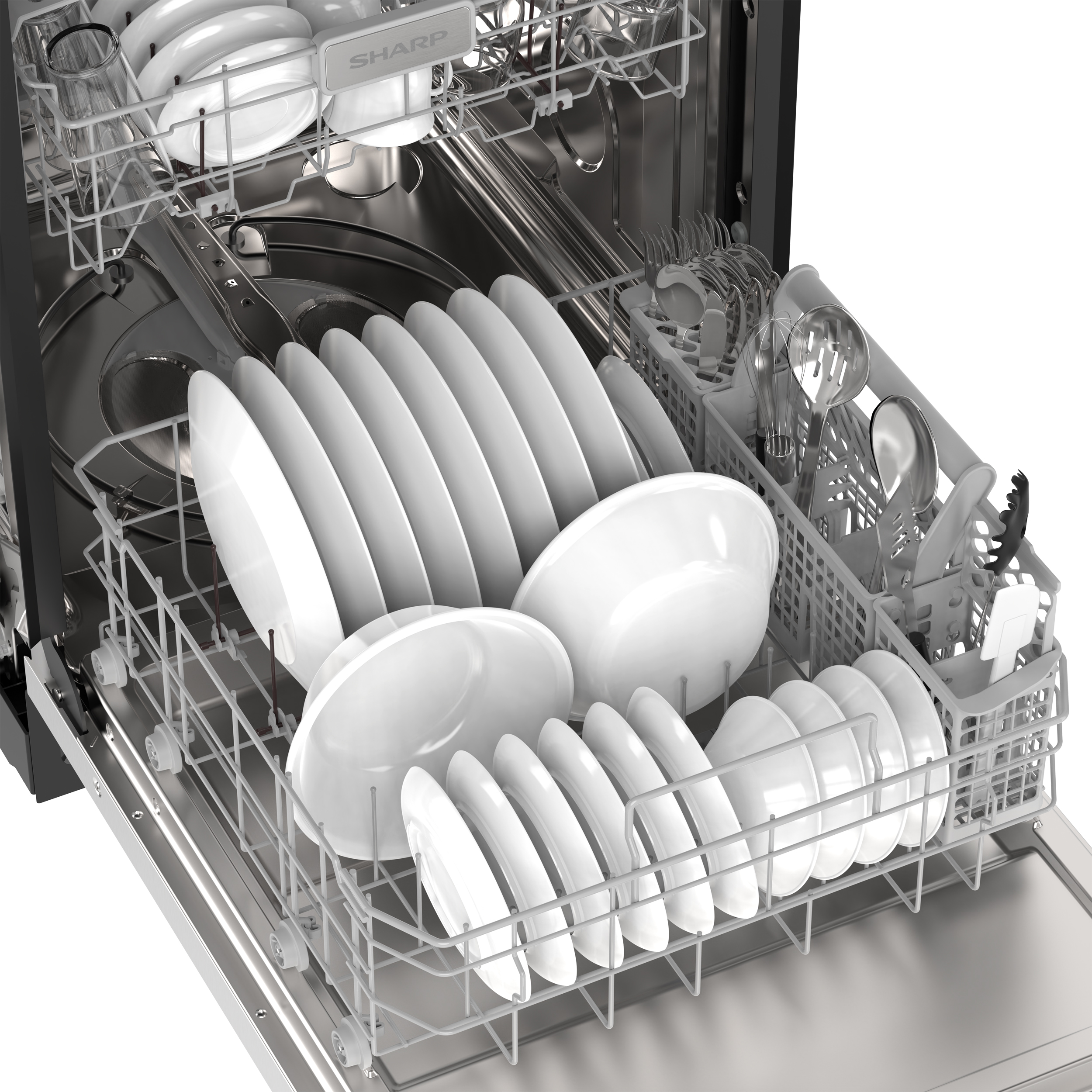 Sharp 24 in. Stainless Steel Dishwasher (SDW6735DNS) Lower Rack Filled