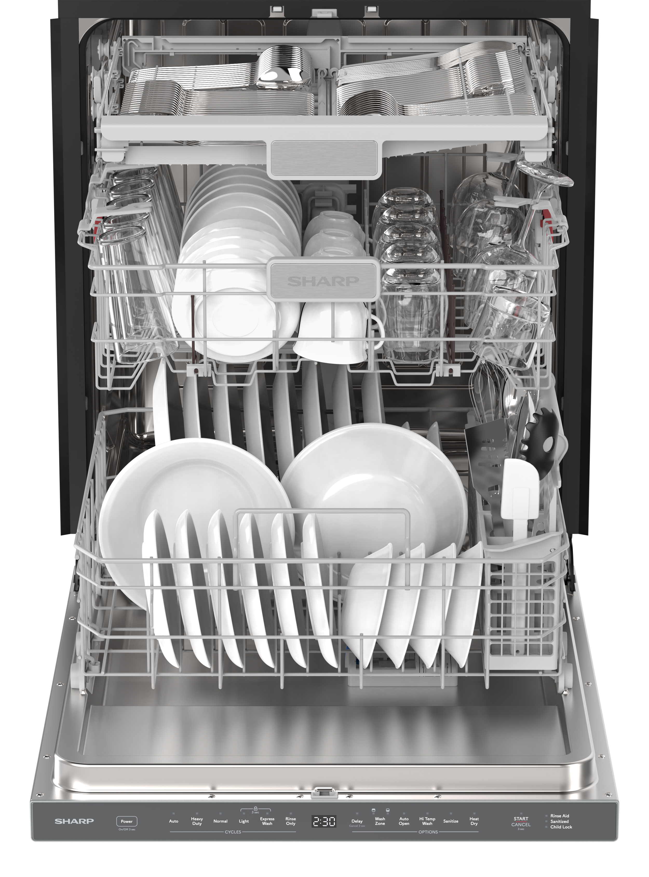 Sharp 24 in. Stainless Steel Dishwasher (SDW6735DNS) Head On Opened Filled
