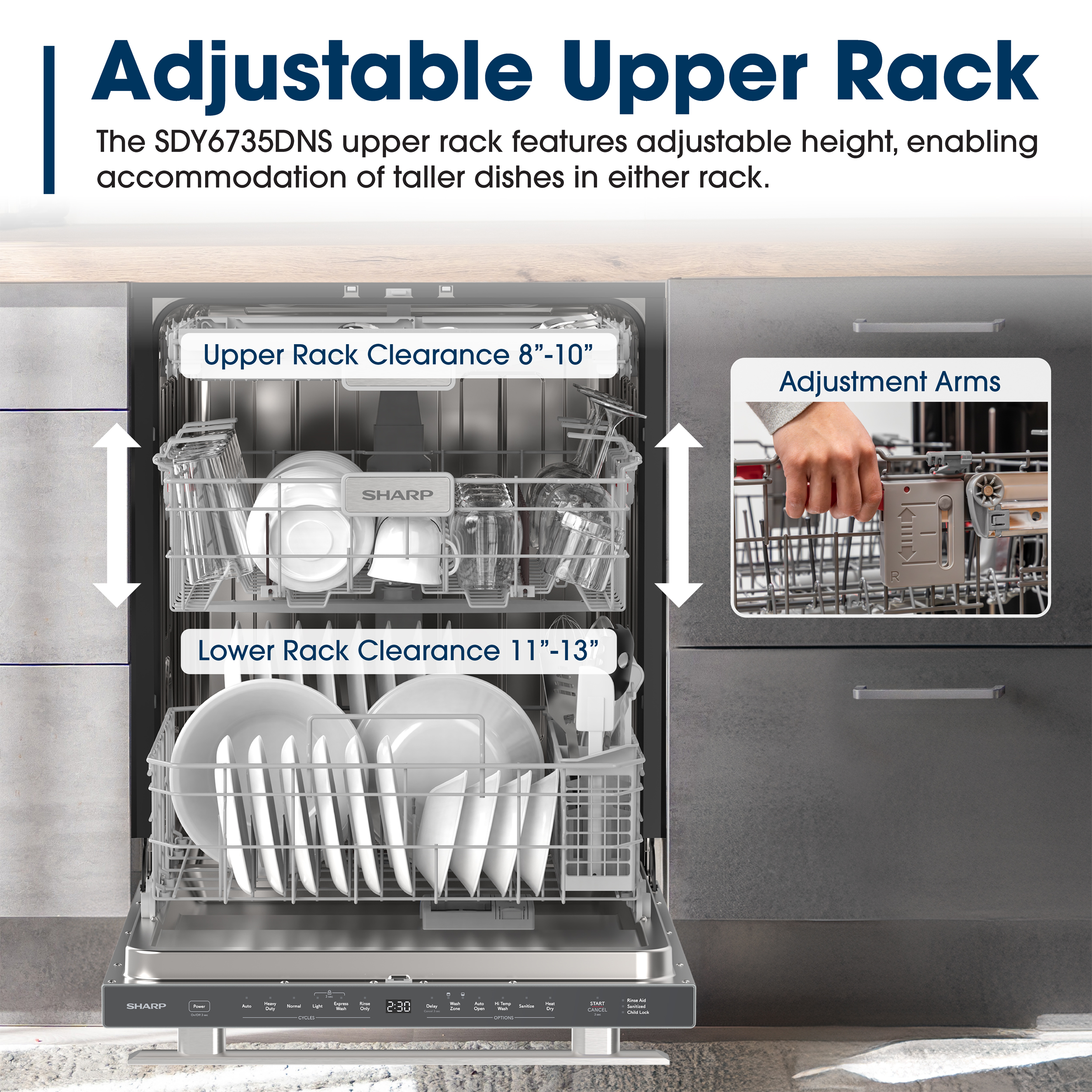 Sharp 24 in. Stainless Steel Dishwasher (SDY6735DNS) Adjustable Upper Rack Infographic
