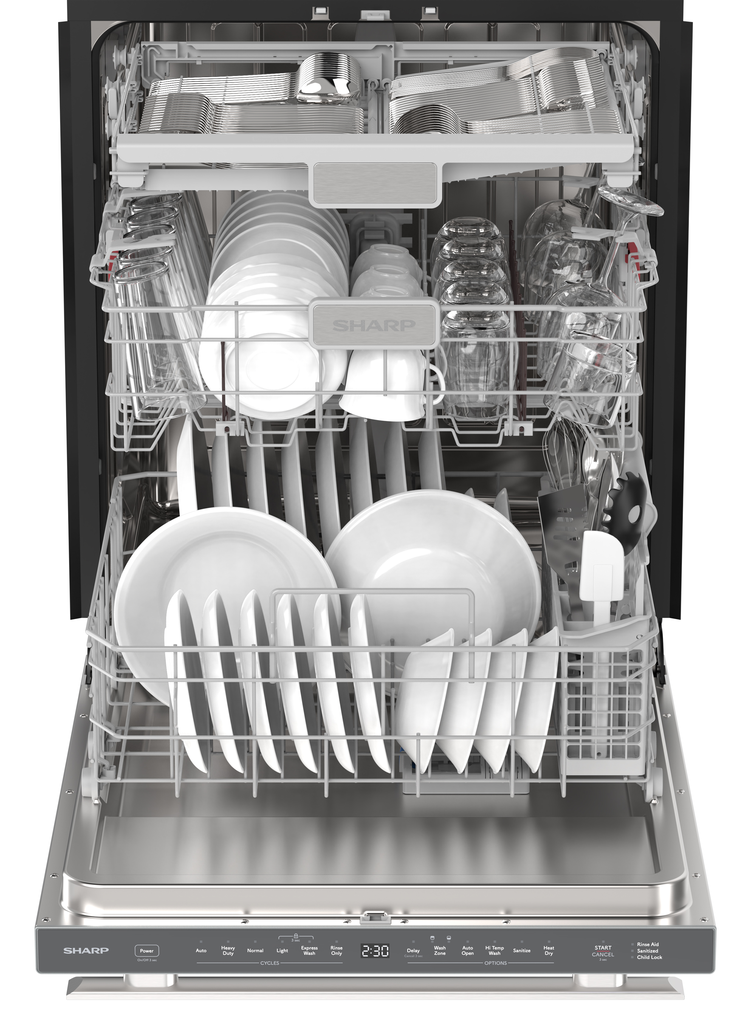 Sharp 24 in. Stainless Steel Dishwasher (SDY6735DNS) Head On Opened Filled