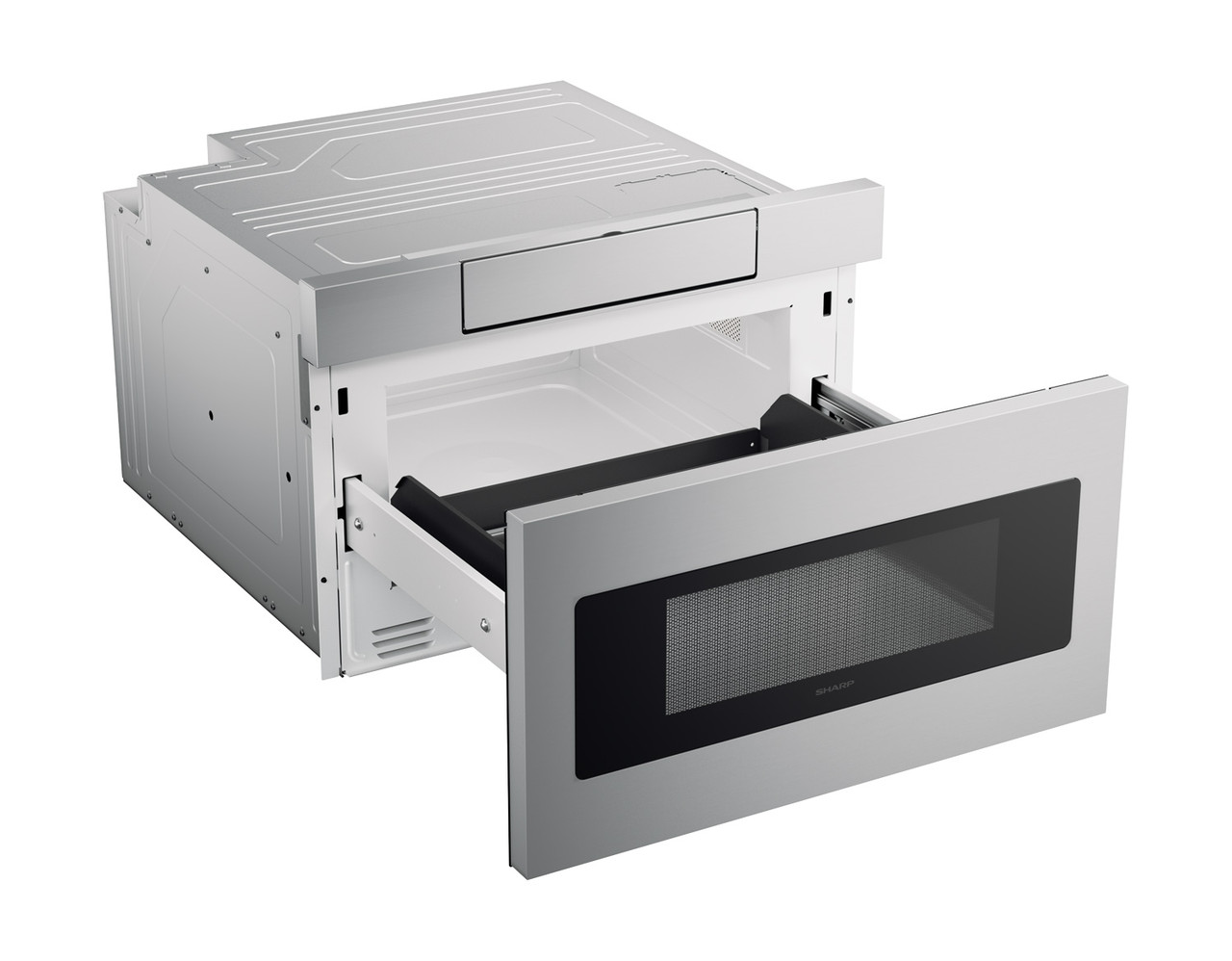 Sharp SMD2470ASY 24-inch Stainless Steel Microwave Drawer – angled right, drawer open