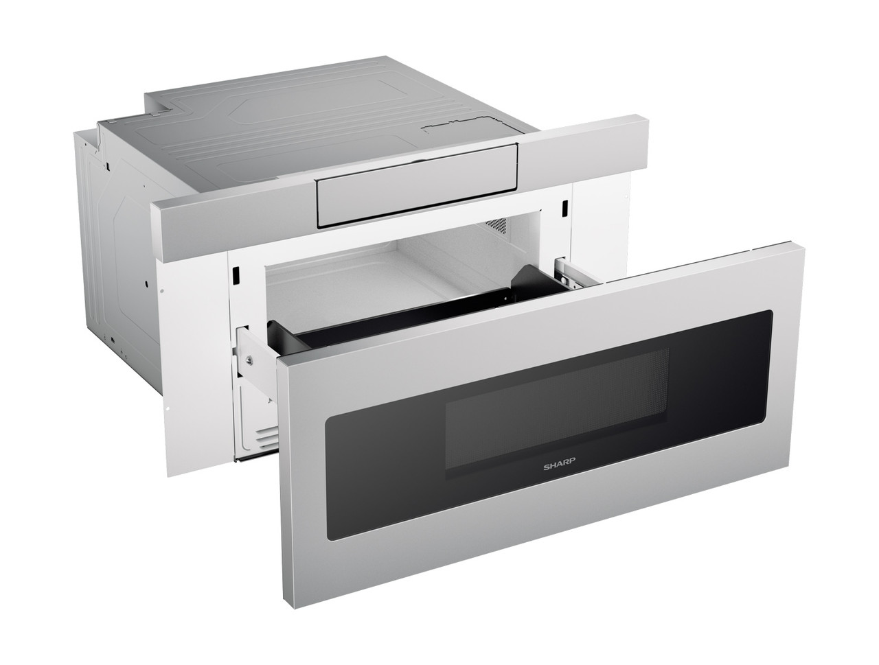 30 in. 1.2 cu. ft. 950W Sharp Stainless Steel Microwave Drawer Oven (SMD3070ASY) left angle open