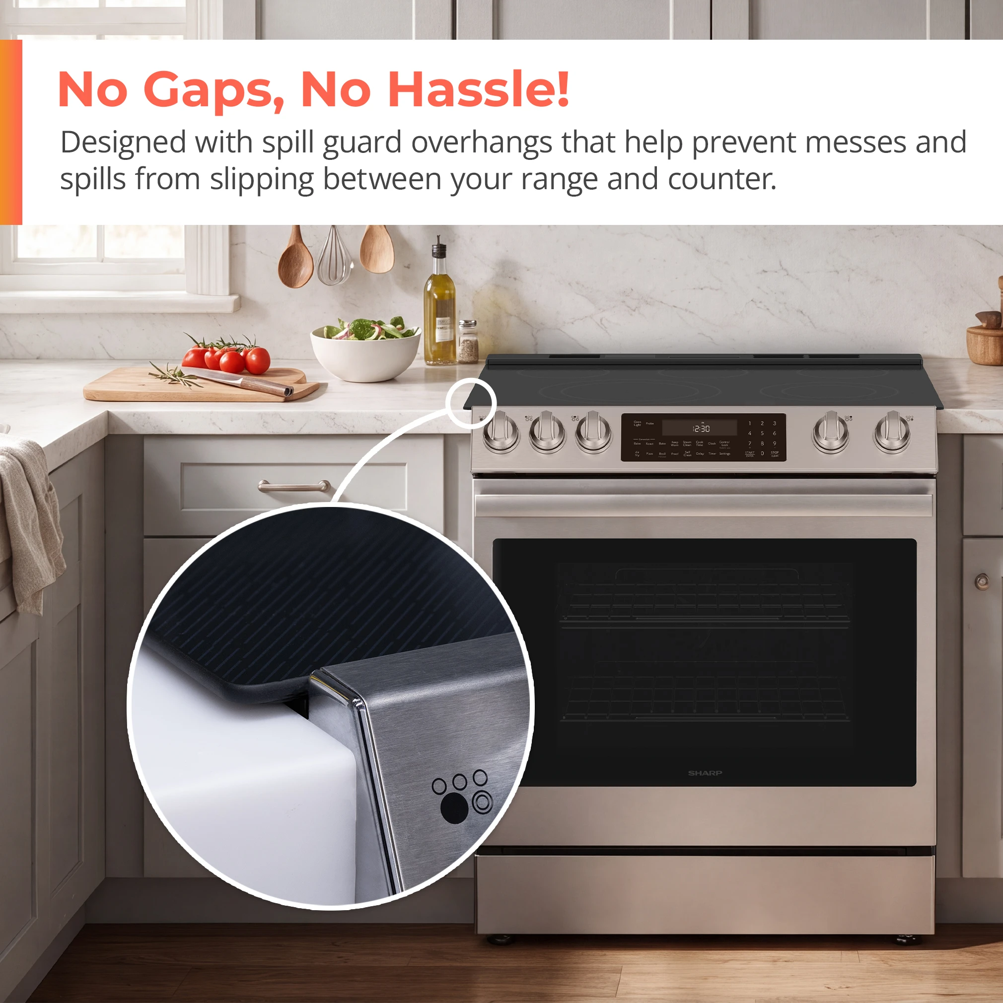 SSR3076SNS 6.3 cu. ft. Slide-in Electric Range Overhangs Infographic