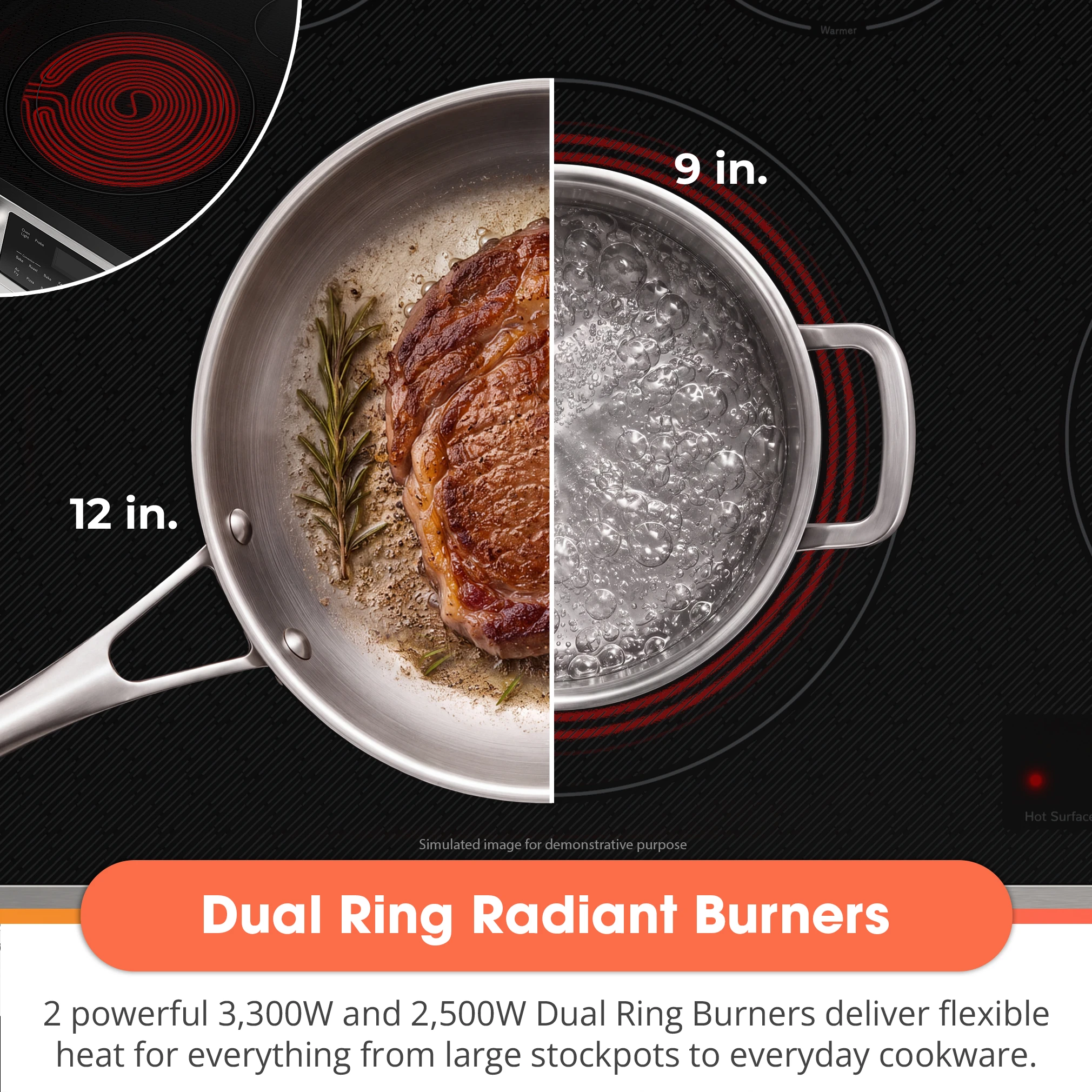 SSR3076SNS 6.3 cu. ft. Slide-in Electric Range Dual Ring Burner Infographic