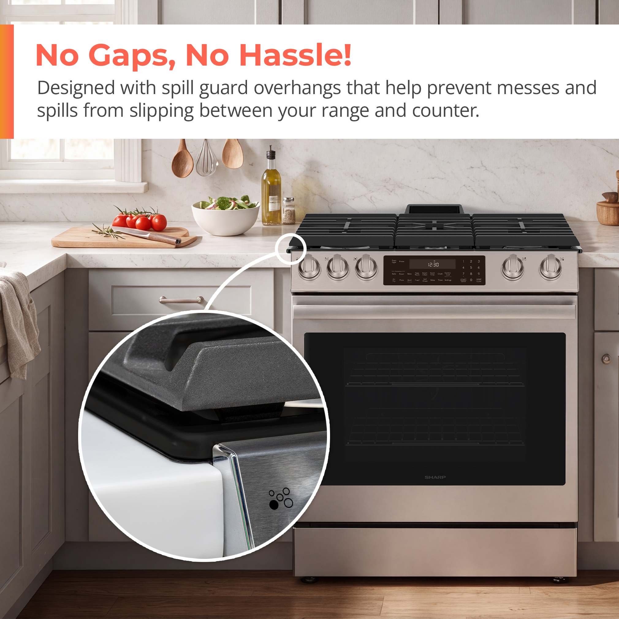 SSG3062DNS Slide-In Gas Range Guard Overhangs Infographic