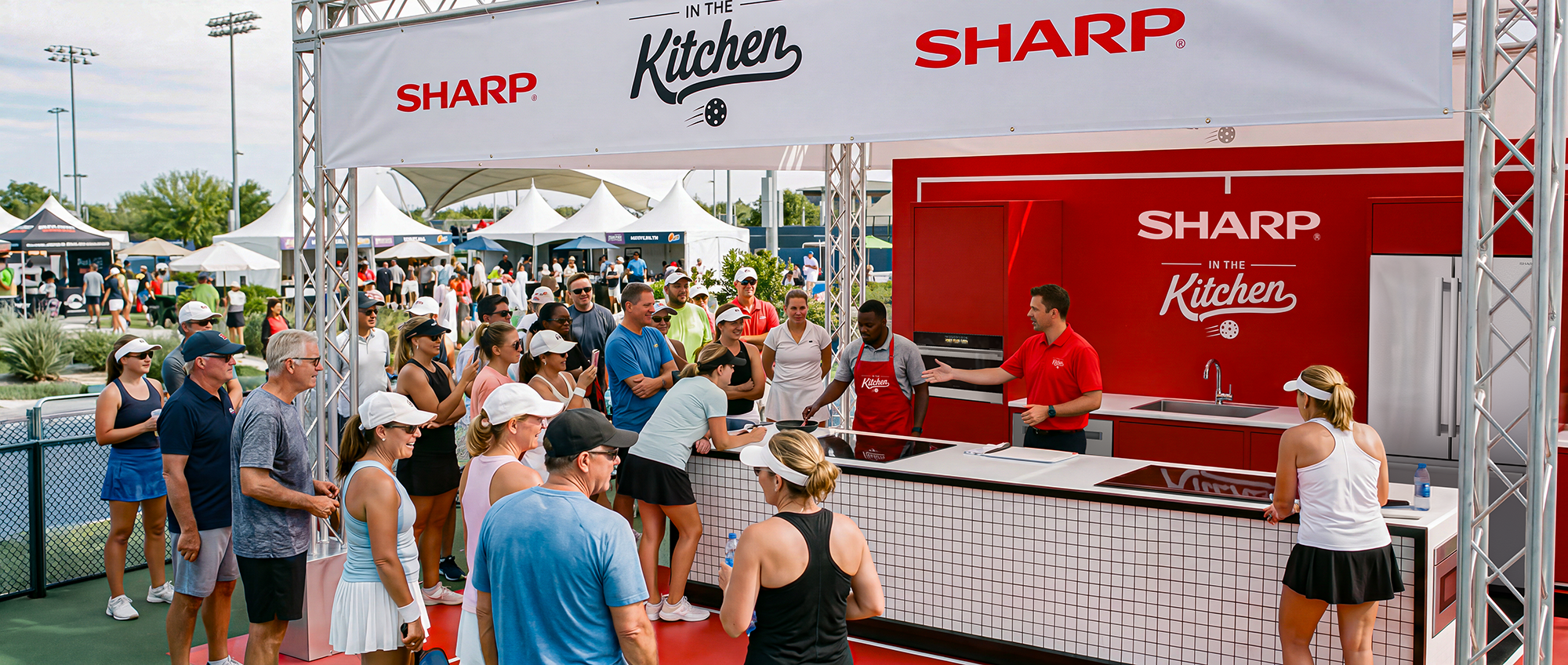 Crowd gathered at the Sharp In the Kitchen booth on a PPA Tour pickleball court, watching a chef demo at the red Sharp kitchen