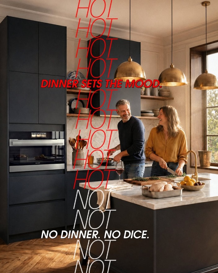 Couple cooking dinner in a dark modern kitchen with a Sharp built-in oven, overlaid with the words Hot and Not