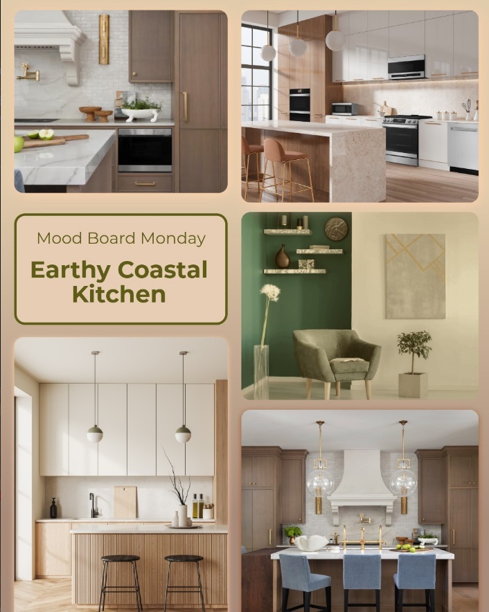 Mood Board Monday collage of an earthy coastal kitchen with warm wood tones and green accents