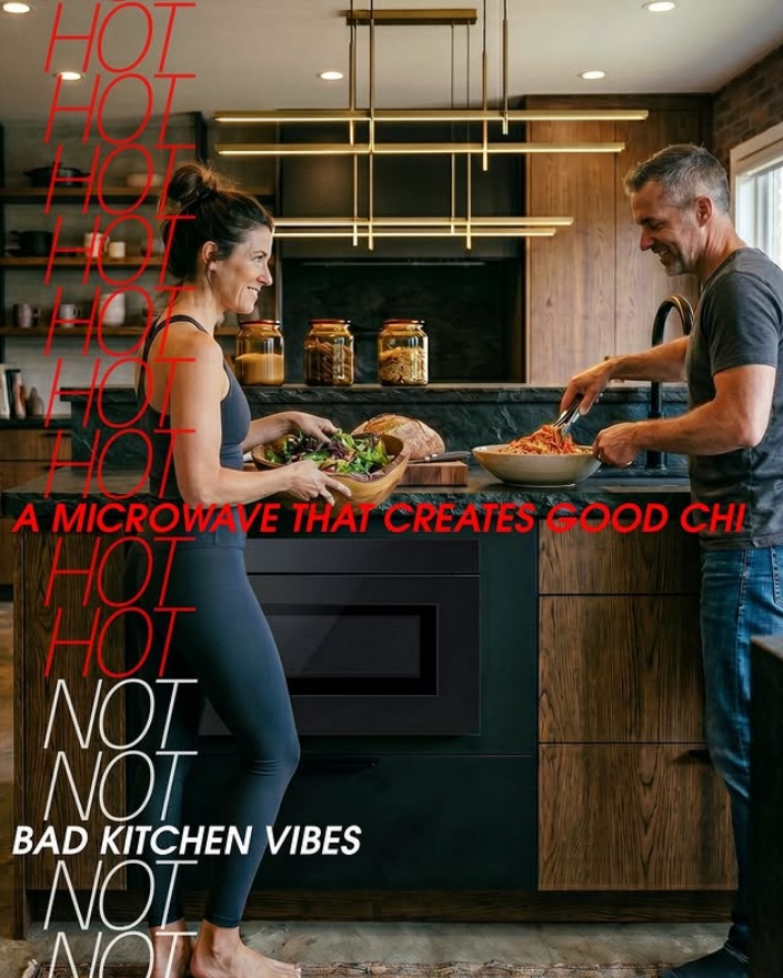 Couple preparing dinner in a dark wood kitchen with a Sharp Microwave Drawer Oven in Timeless Black below the counter, overlaid with the words Hot and Not