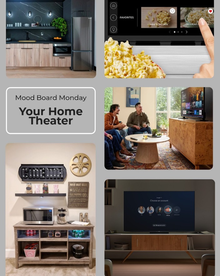 Mood Board Monday collage for a home theater: a kitchenette, popcorn, friends watching TV, and a cinema-themed snack station