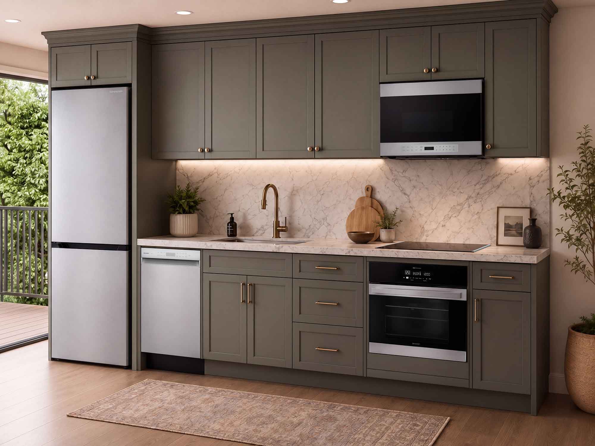 A modern kitchen outfitted with Sharp appliances, including a microwave drawer, wall oven, induction cooktop, dishwasher, and refrigerator