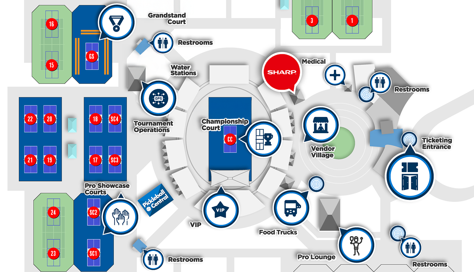 PPA Tour Las Vegas venue map showing the Sharp booth near Championship Court and Vendor Village
