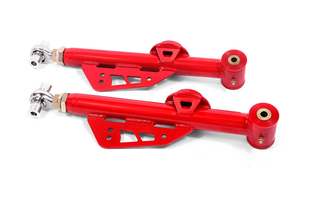 BMR 79-98 Fox Mustang On-Car Adj. Lower Control Arms / Rod End Combo (Polyurethane) - Red