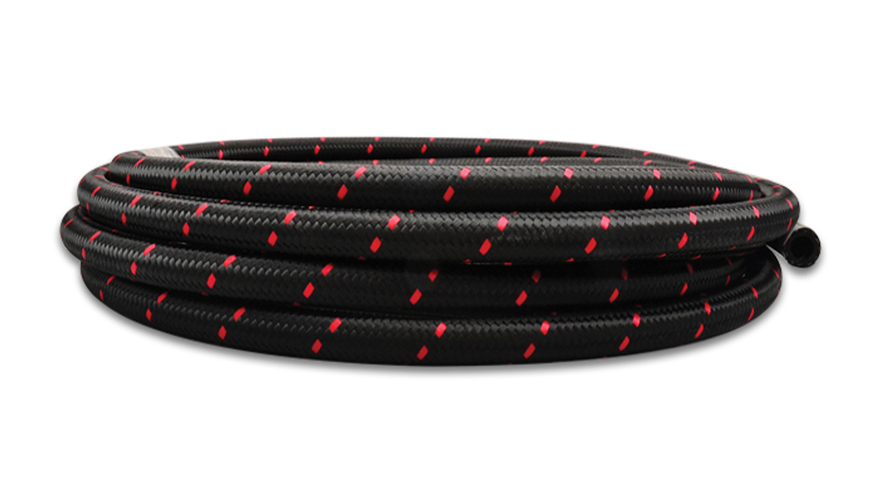 Vibrant 20ft Roll of Black Red Nylon Braided Flex Hose; AN Size: -10; Hose ID: 0.56"