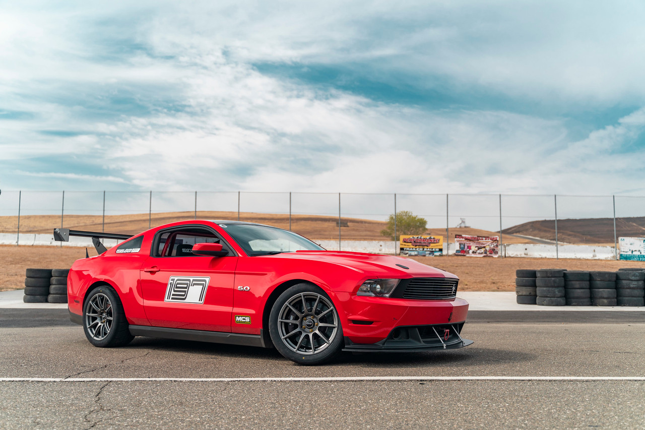 18x11" Apex SM-10 Wheels on Red S197 Coyote Track Mustang (ET52 front and rear with 25mm spacer in front)