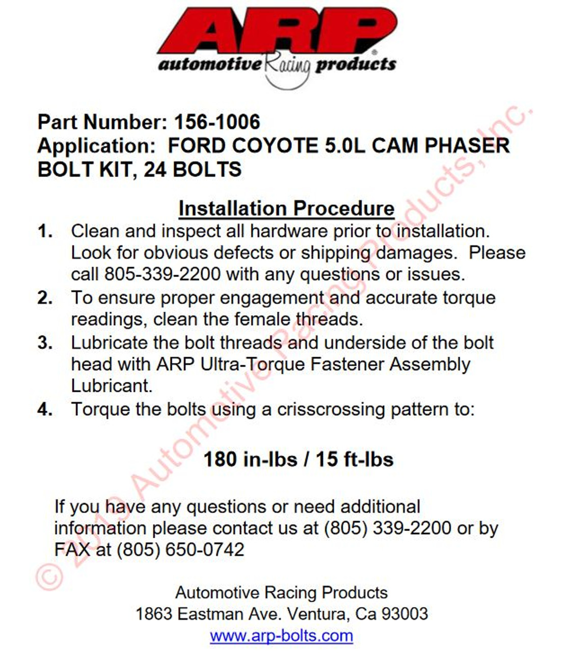 ARP 156-1006 Cam Phaser Bolt Installation Instructions