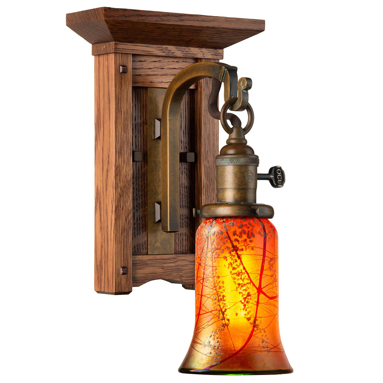 Warm Craftsman Sconce with Wood Plate and Key Switch